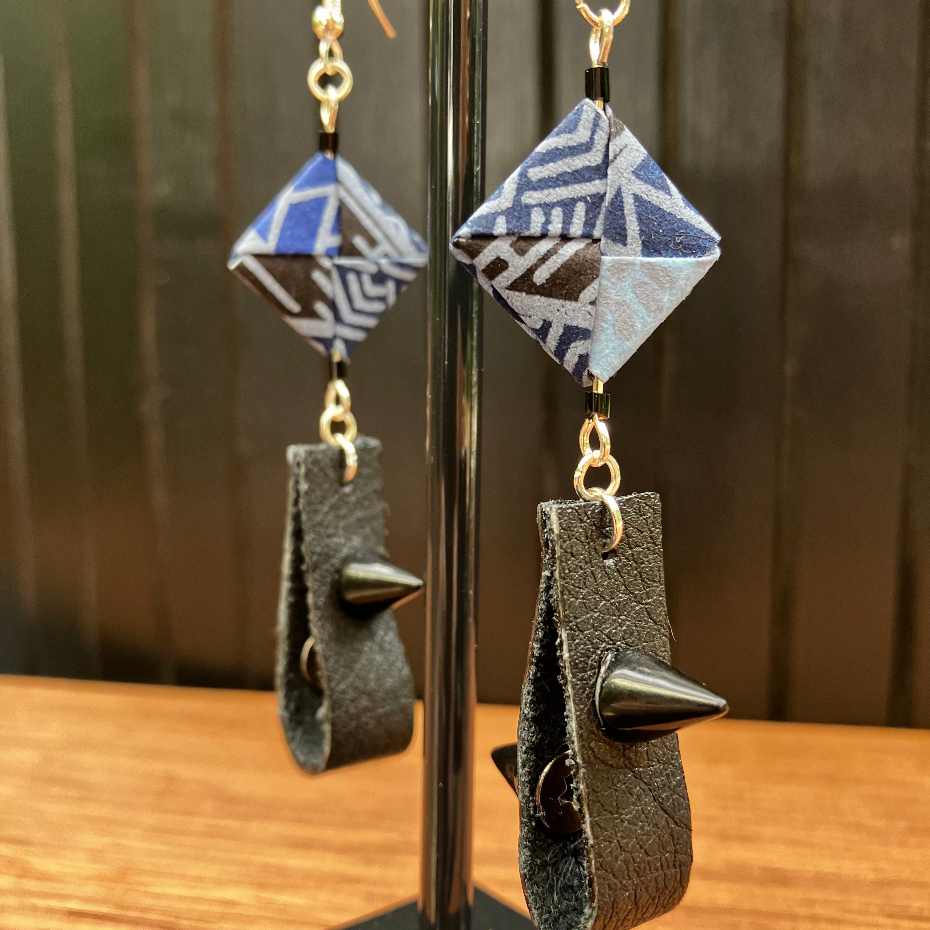 Indigo Japanese Paper and Leather Earrings – statement origami earrings