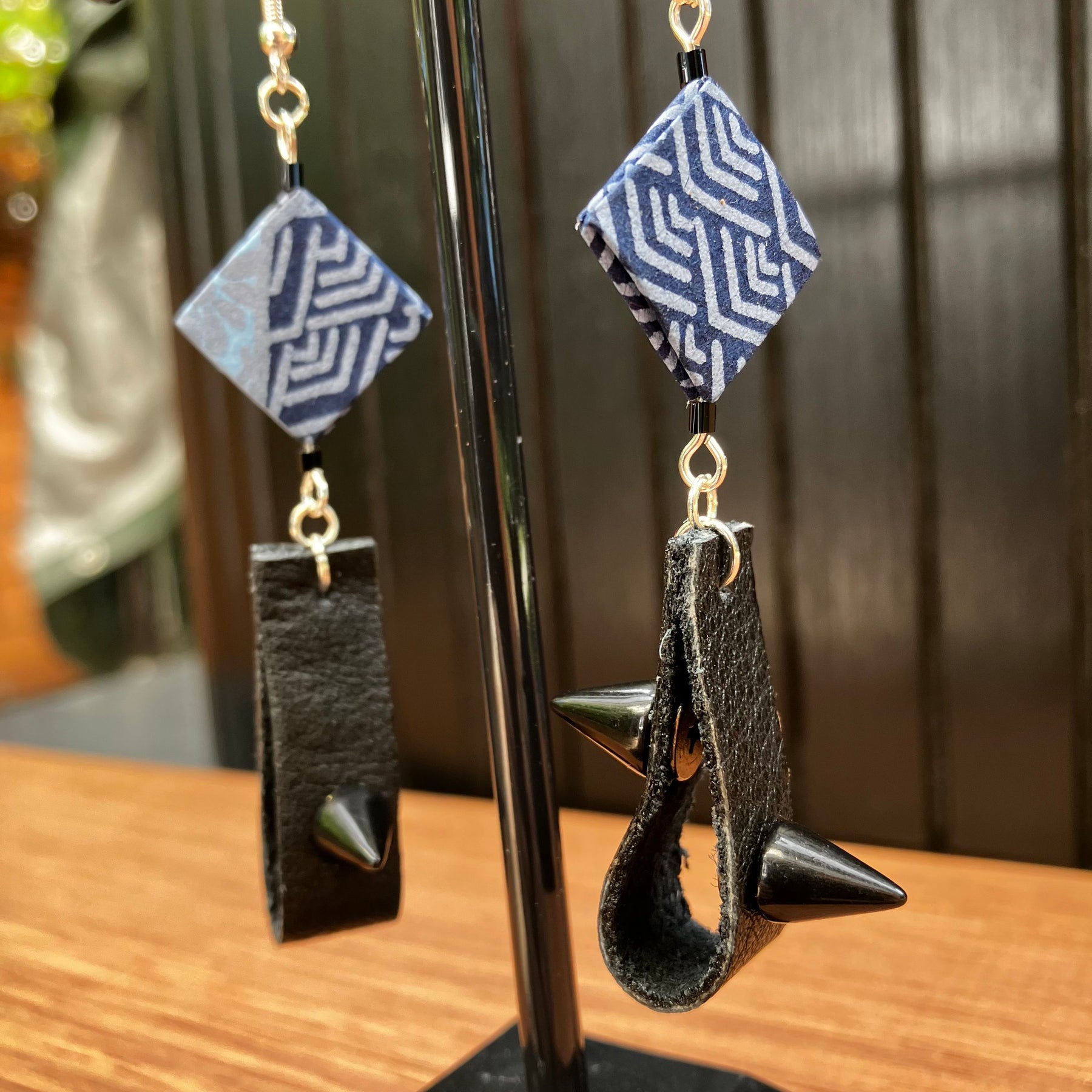Indigo Japanese Paper and Leather Earrings – statement origami earrings