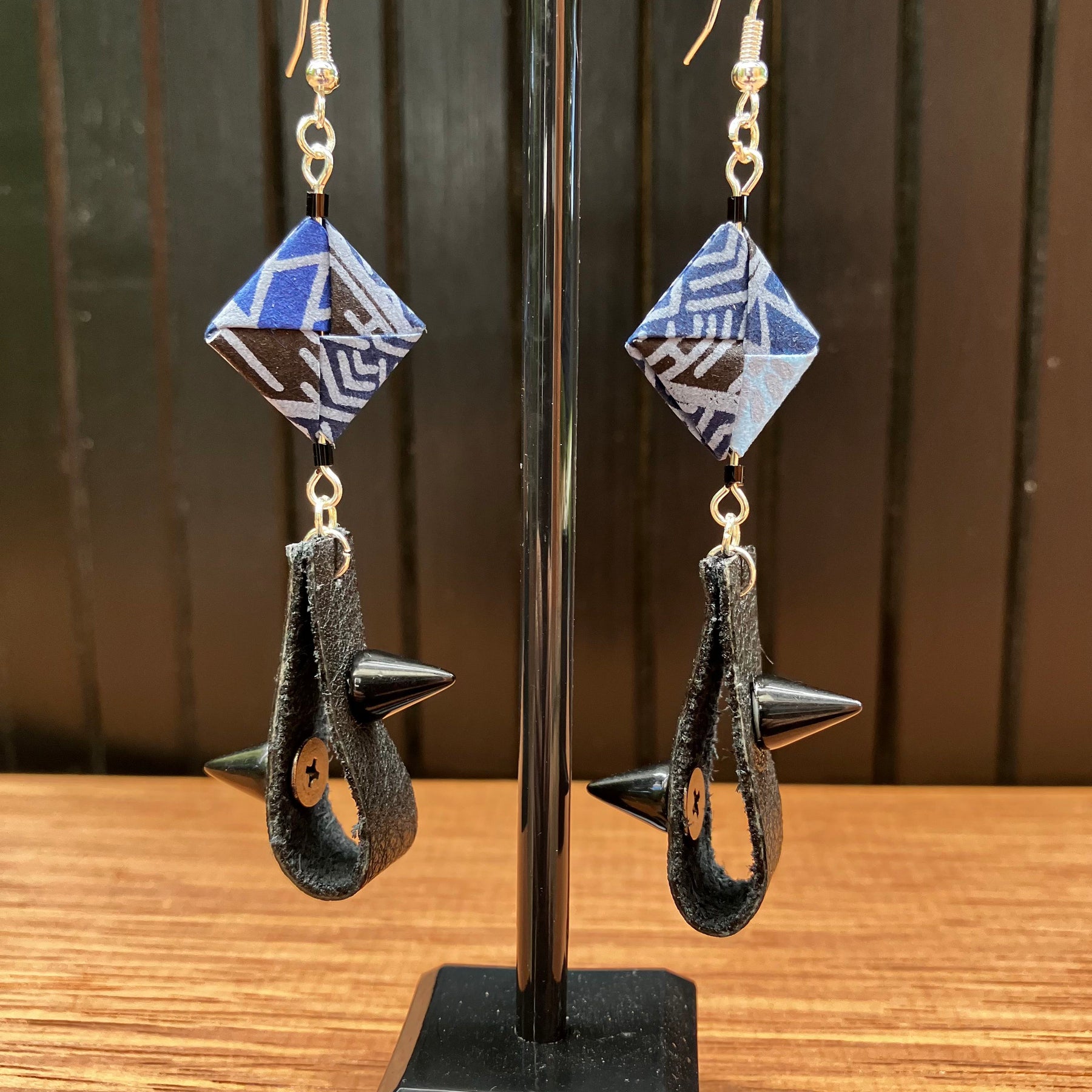 Indigo Japanese Paper and Leather Earrings – statement origami earrings