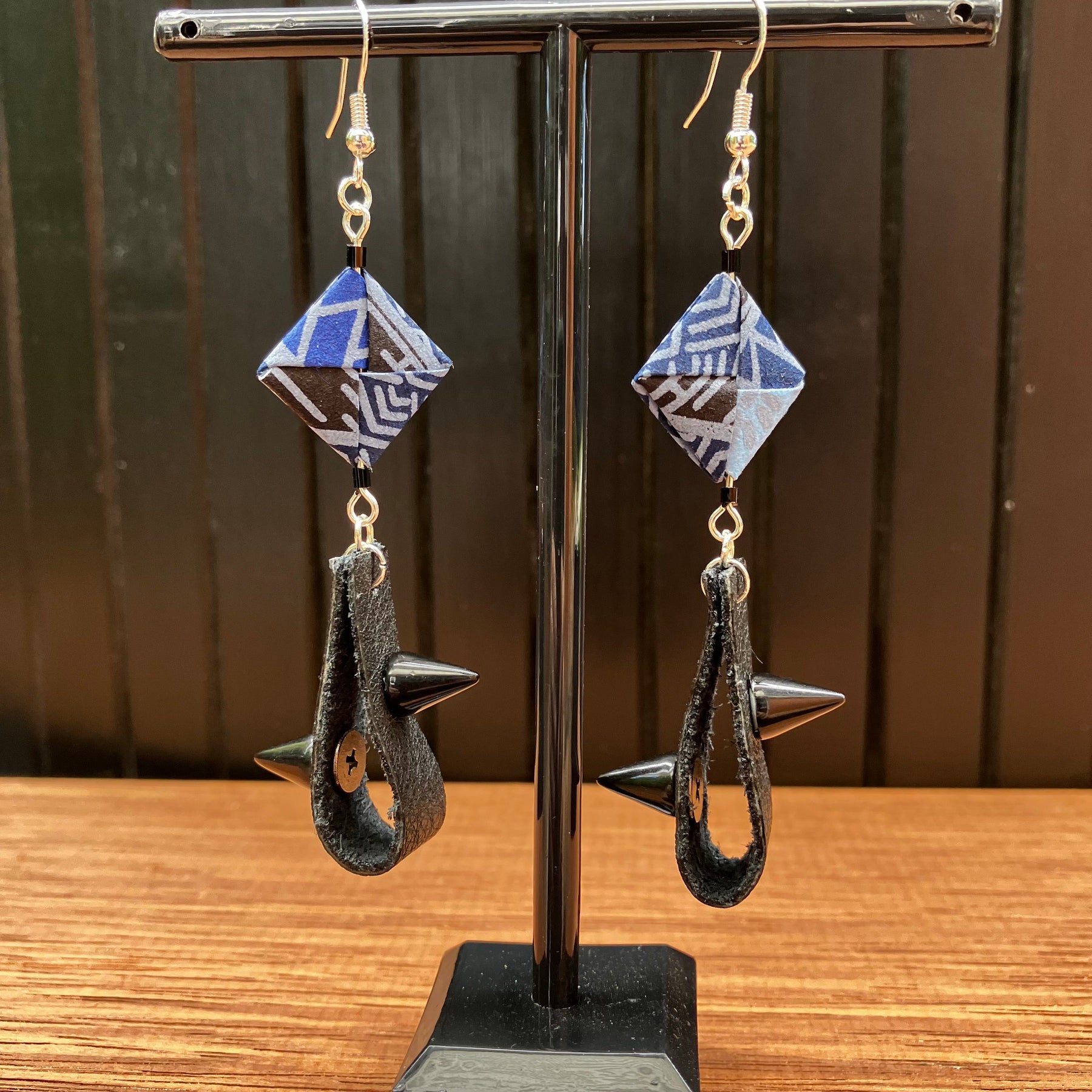 Indigo Japanese Paper and Leather Earrings – statement origami earrings