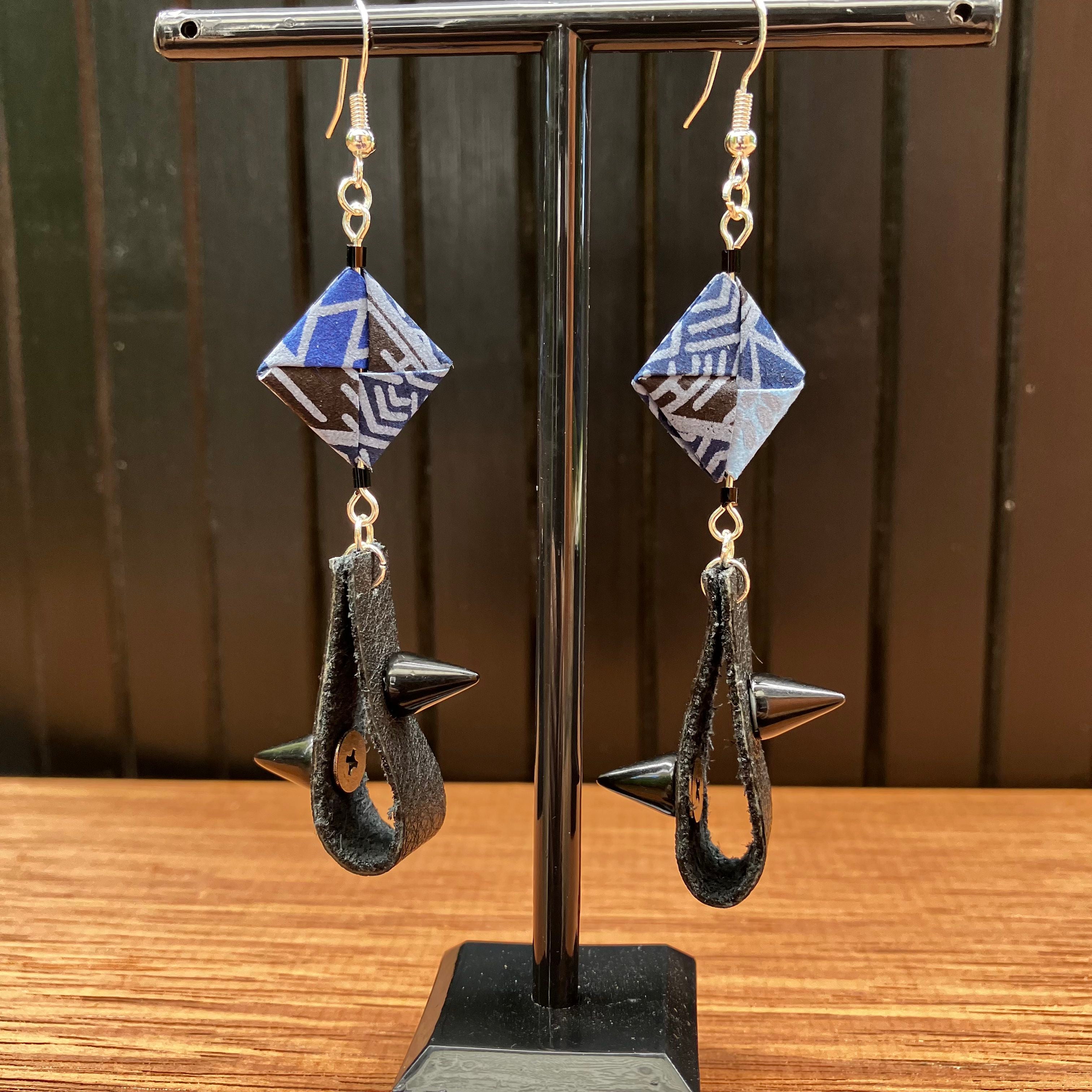 Indigo Japanese Paper and Leather Earrings – statement origami earrings