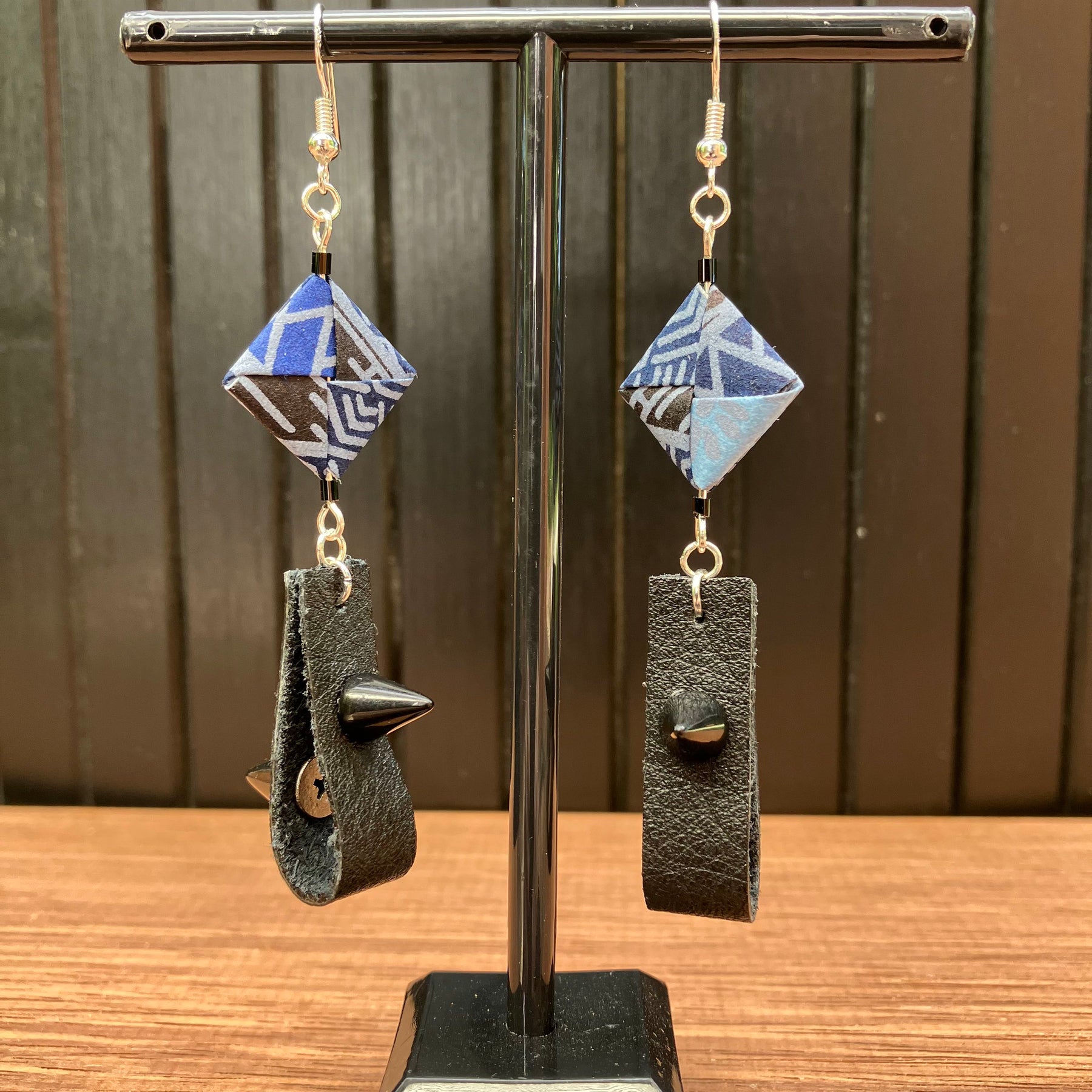 Indigo Japanese Paper and Leather Earrings – statement origami earrings