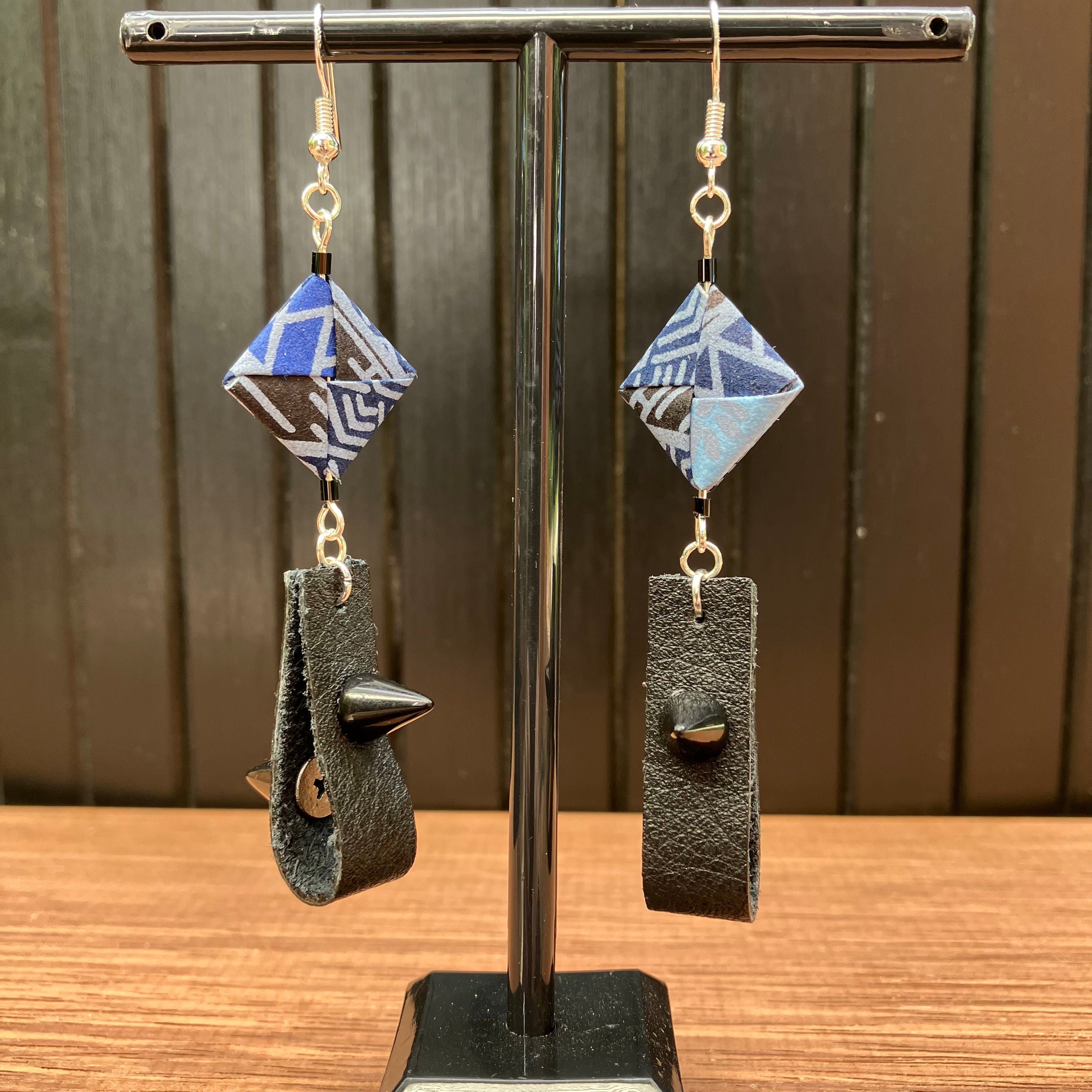 Indigo Japanese Paper and Leather Earrings – statement origami earrings