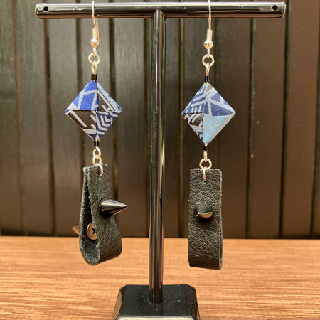 Indigo Japanese Paper and Leather Earrings – statement origami earrings