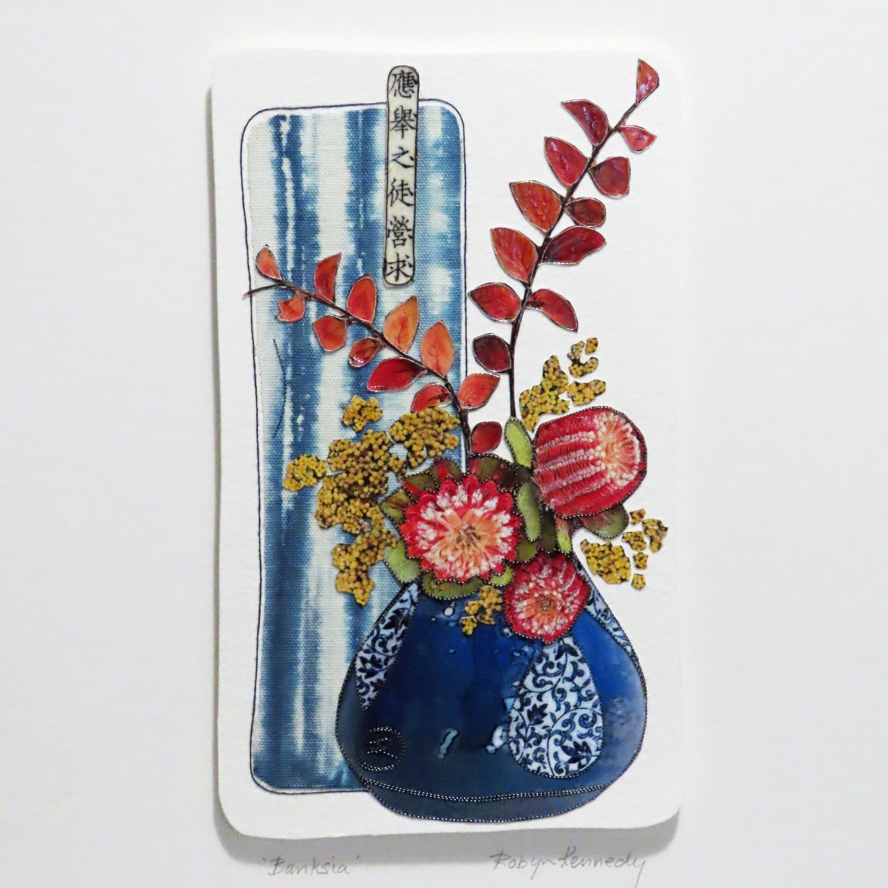 Unframed Collage Art - Red Banksia in Blue Vase