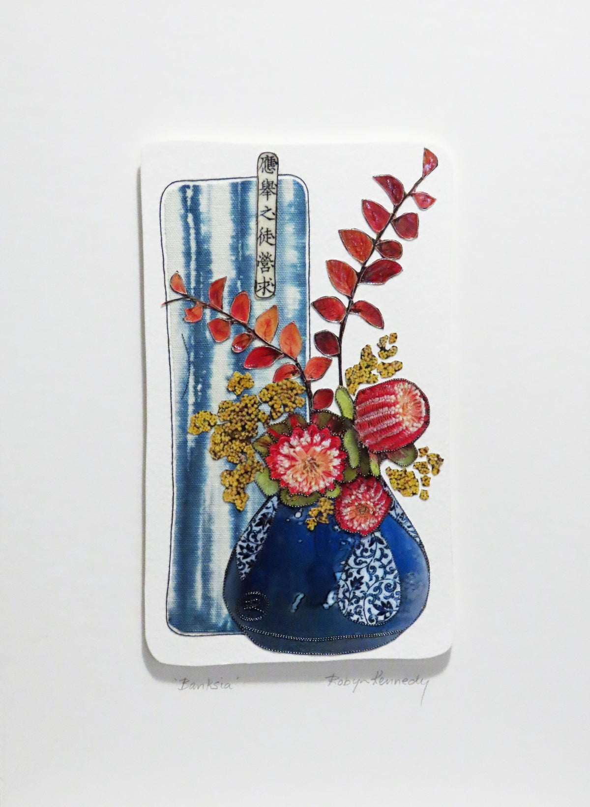 Unframed Collage Art - Red Banksia in Blue Vase