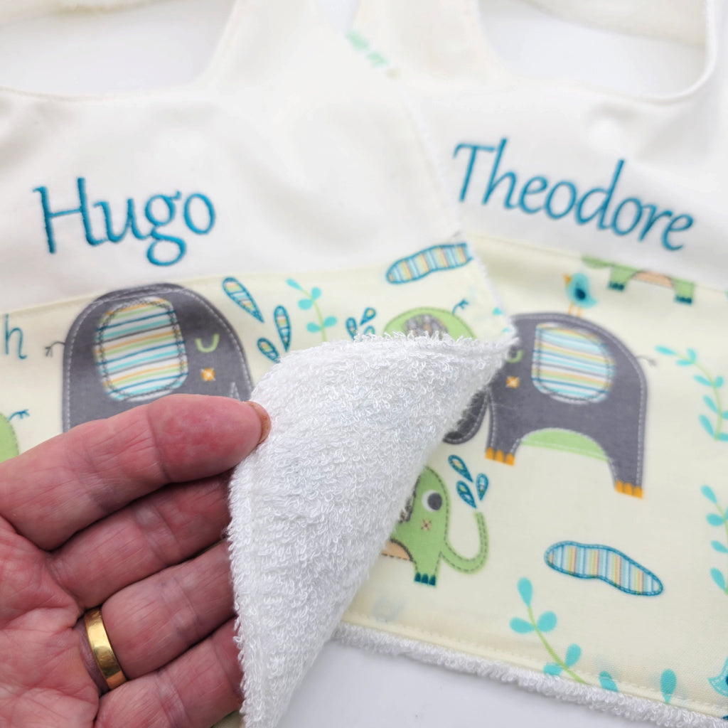 Personalised Baby Bib Elephant Splash Cotton Fabric
