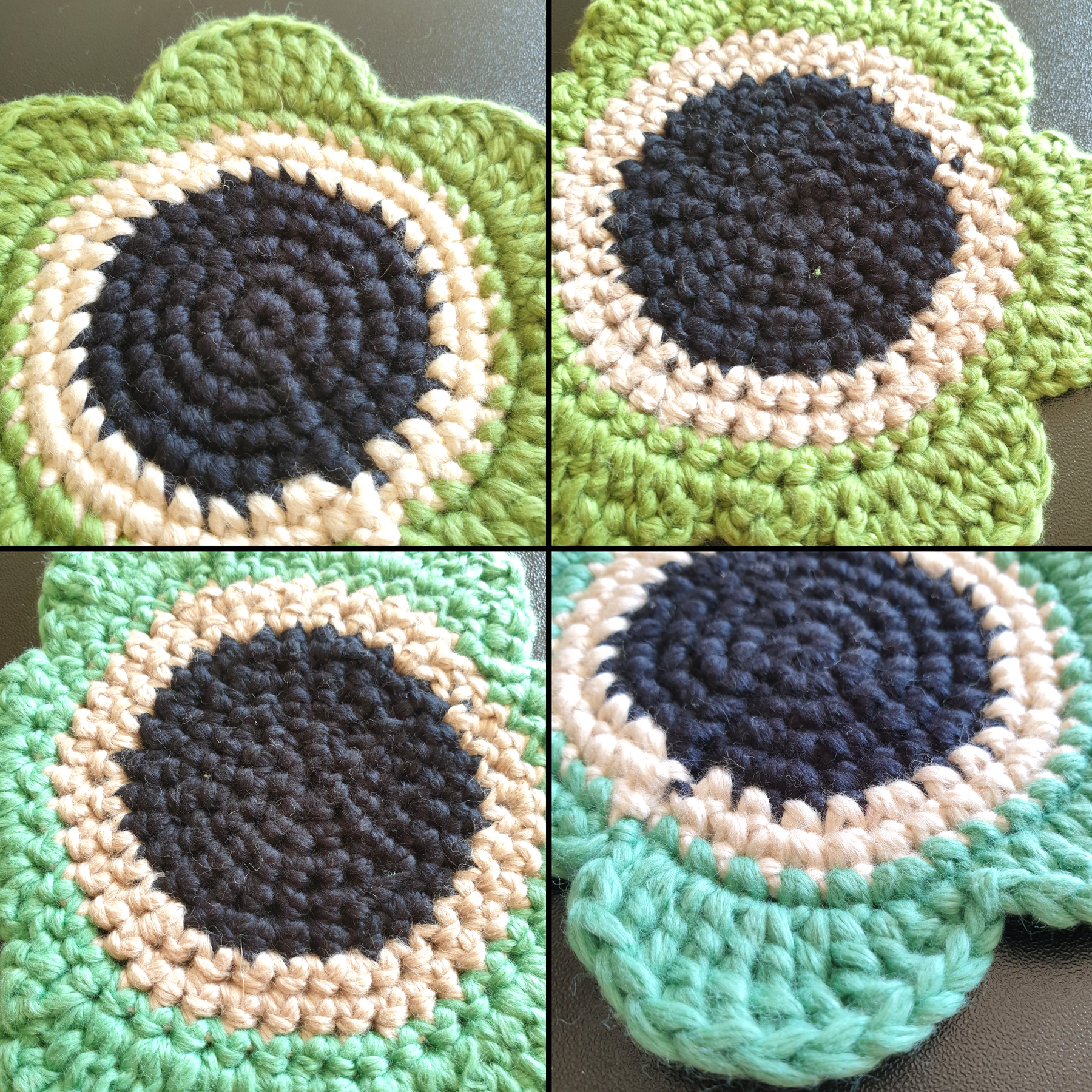 Hand knitted Daisy Flower Soft Coaster : Green Yellow Orange
