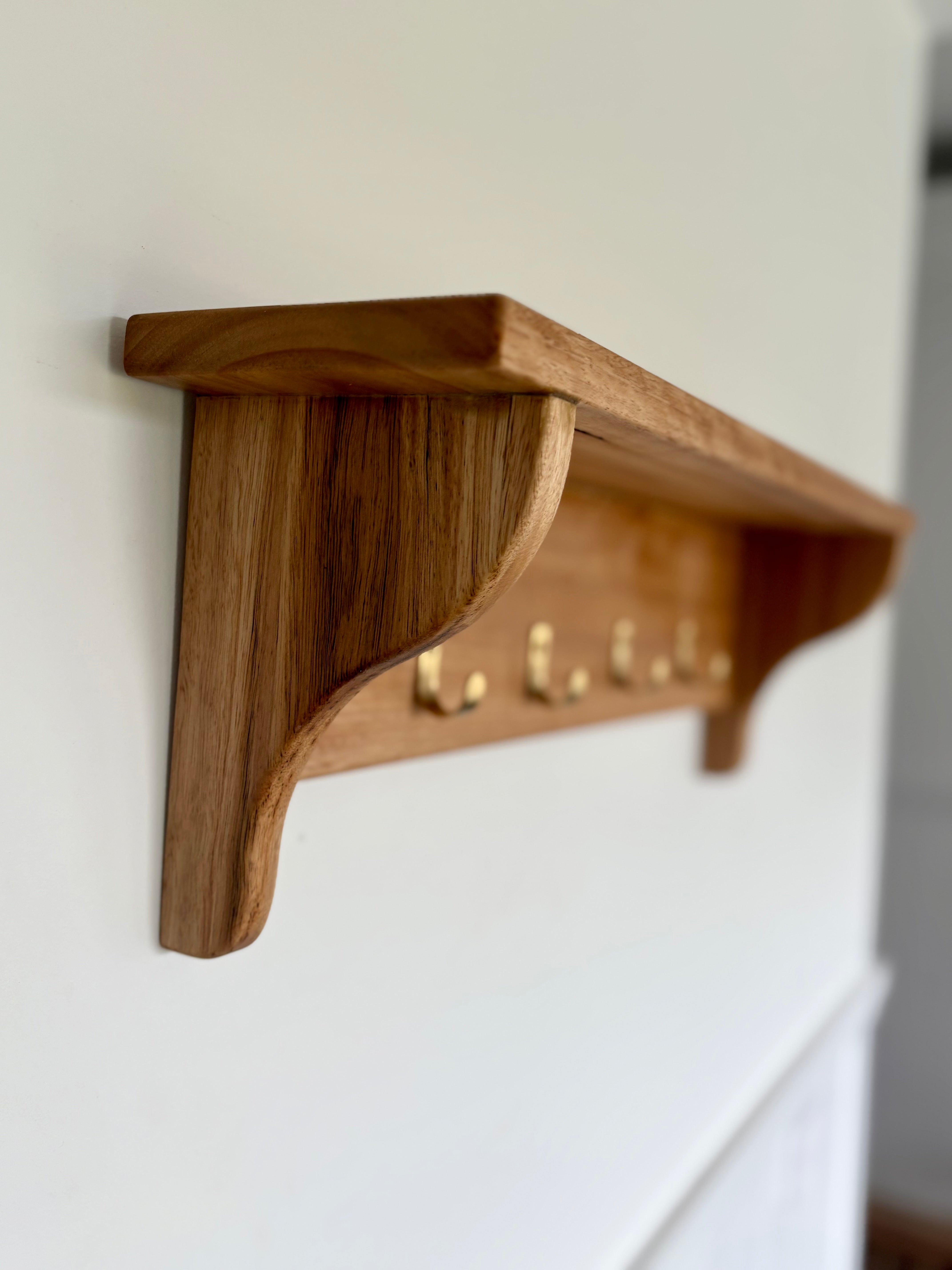 Blackbutt wall shelf with gold hooks
