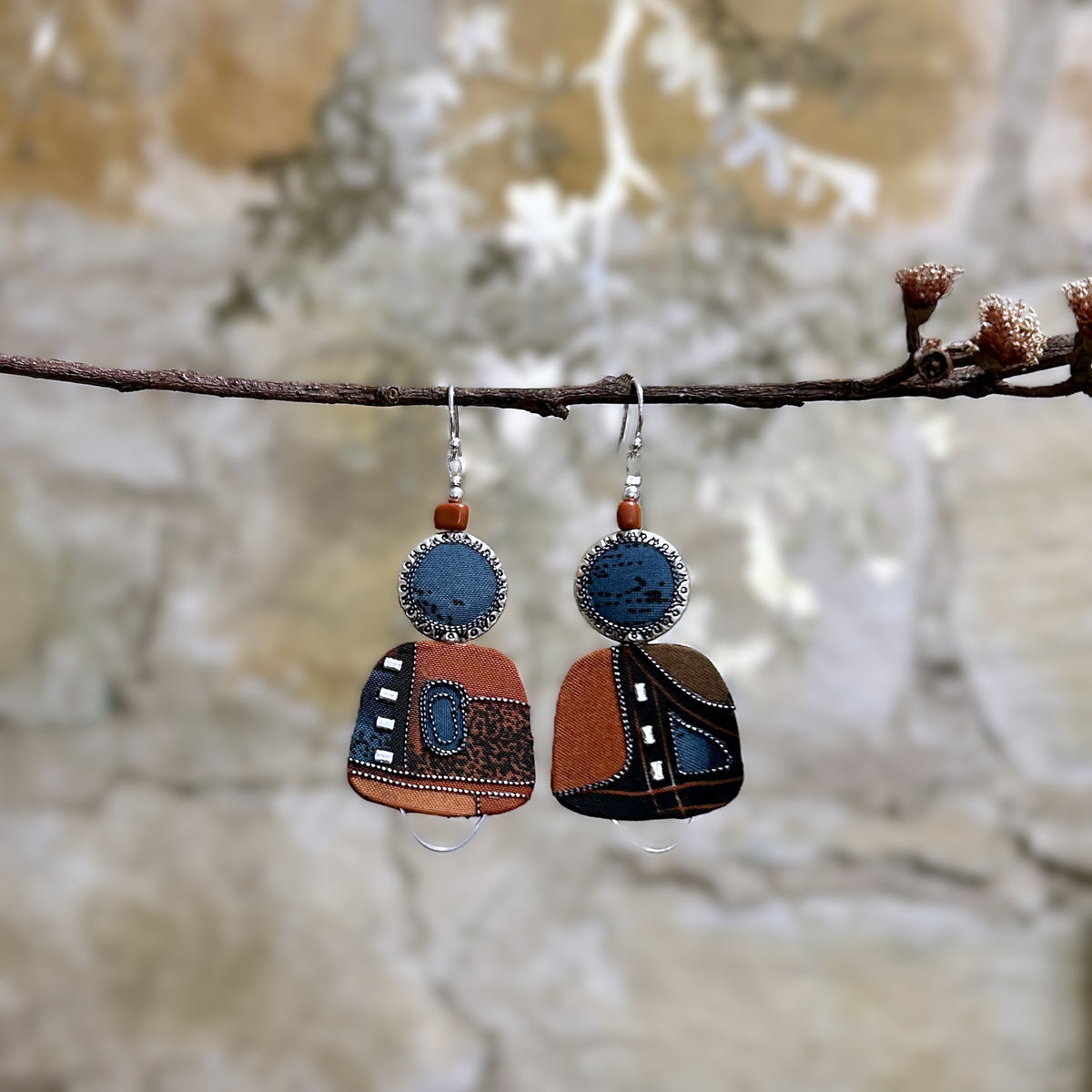 Earrings Asymmetrical Rust Blue Black Silver - EE-191