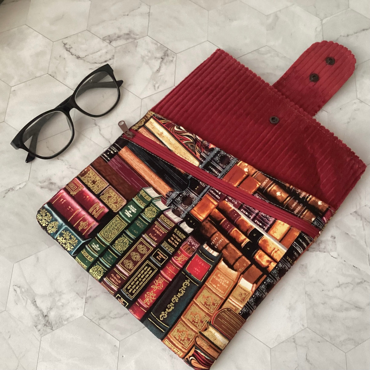 Library books fabric book sleeve with 2 pockets. iPad, tablet pouch