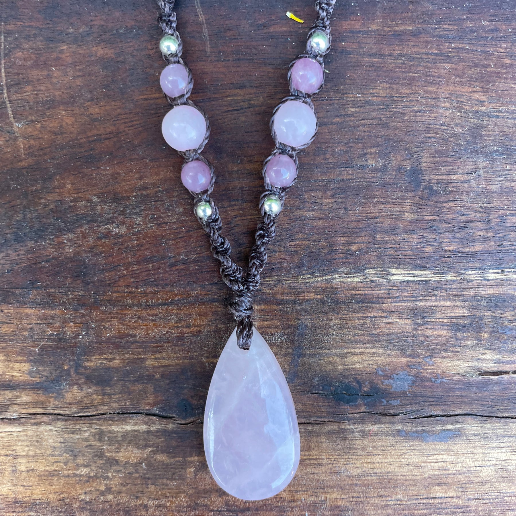 Rose Quartz Pendant, Necklace, adjustable boho macrame