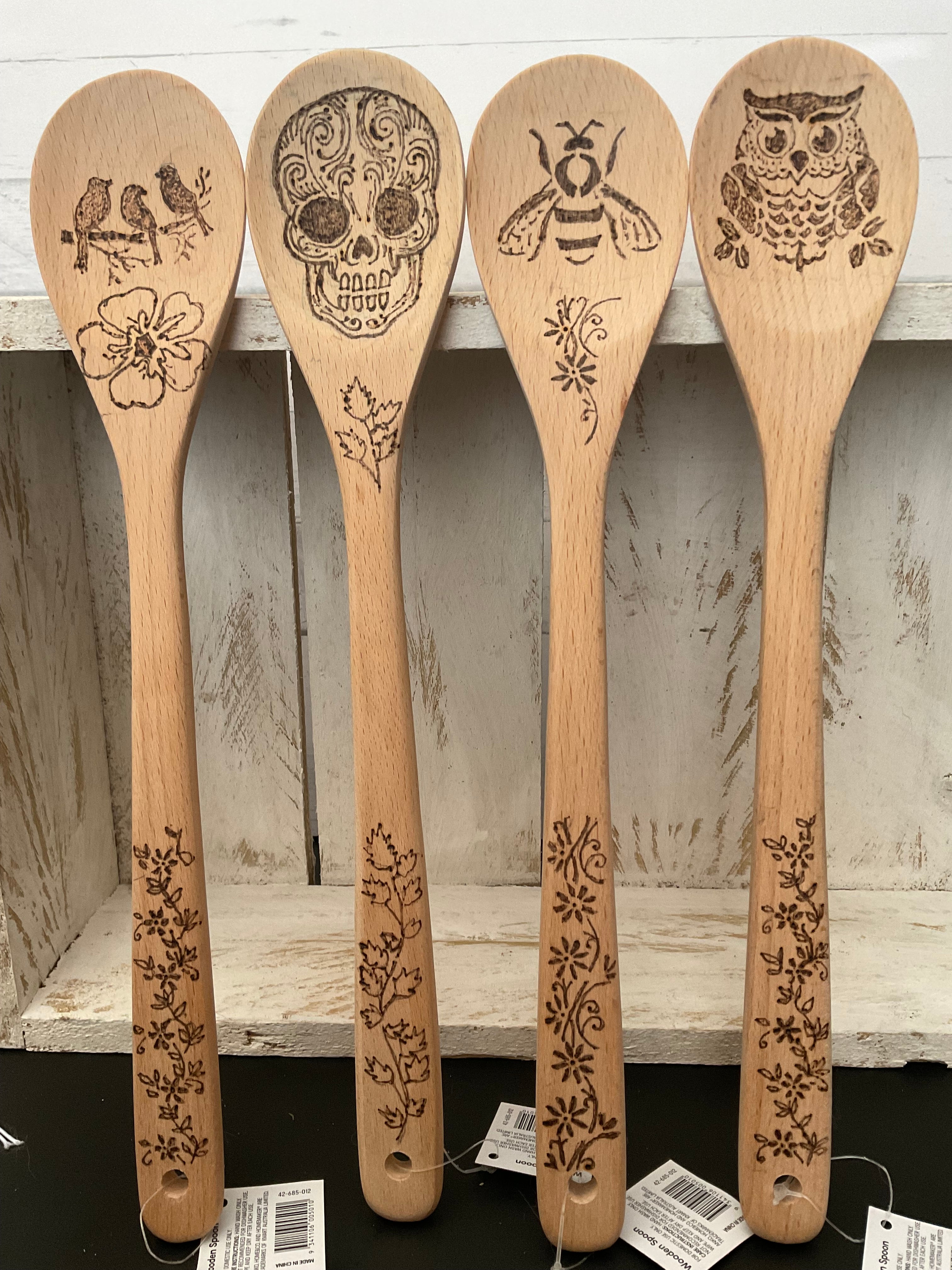 Pyrography beech wood cooking spoon