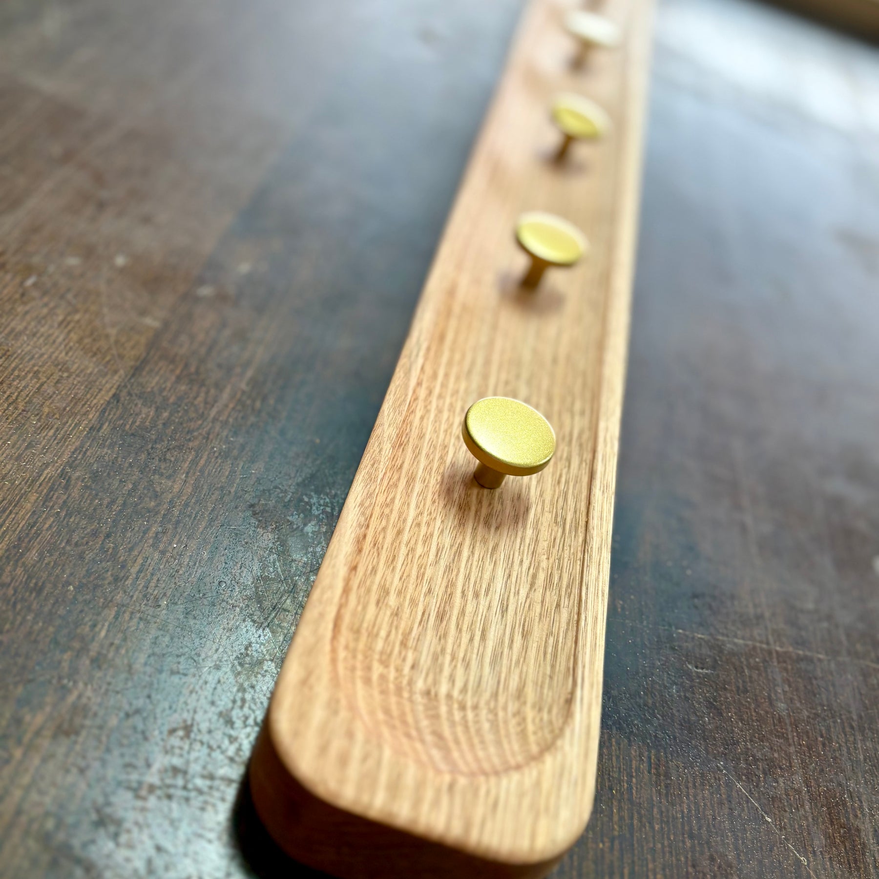 No.1 Tasmanian oak coat rack with gold hooks