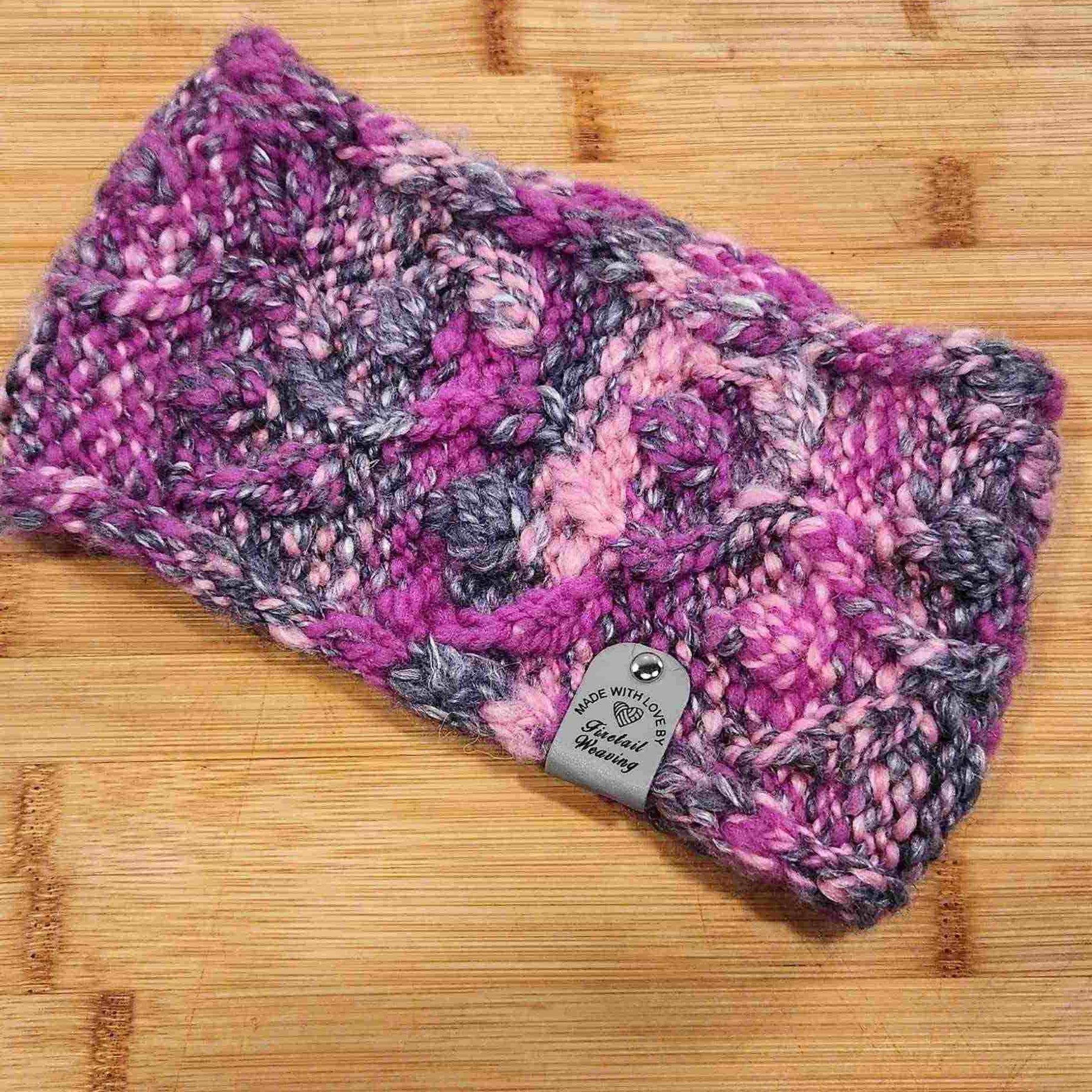 Hand Spun & Hand Knitted Pink Grey Head band