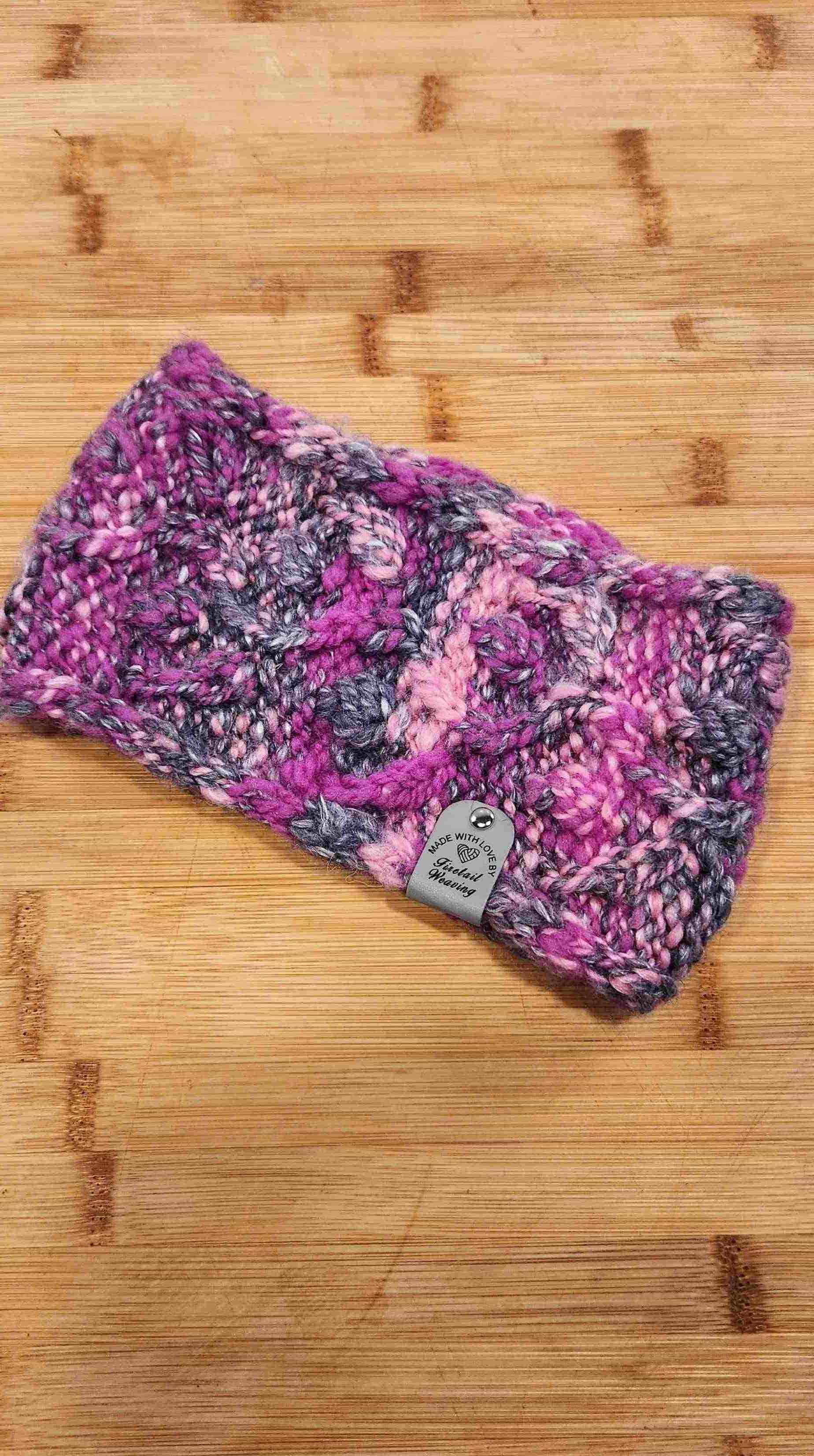 Hand Spun & Hand Knitted Pink Grey Head band