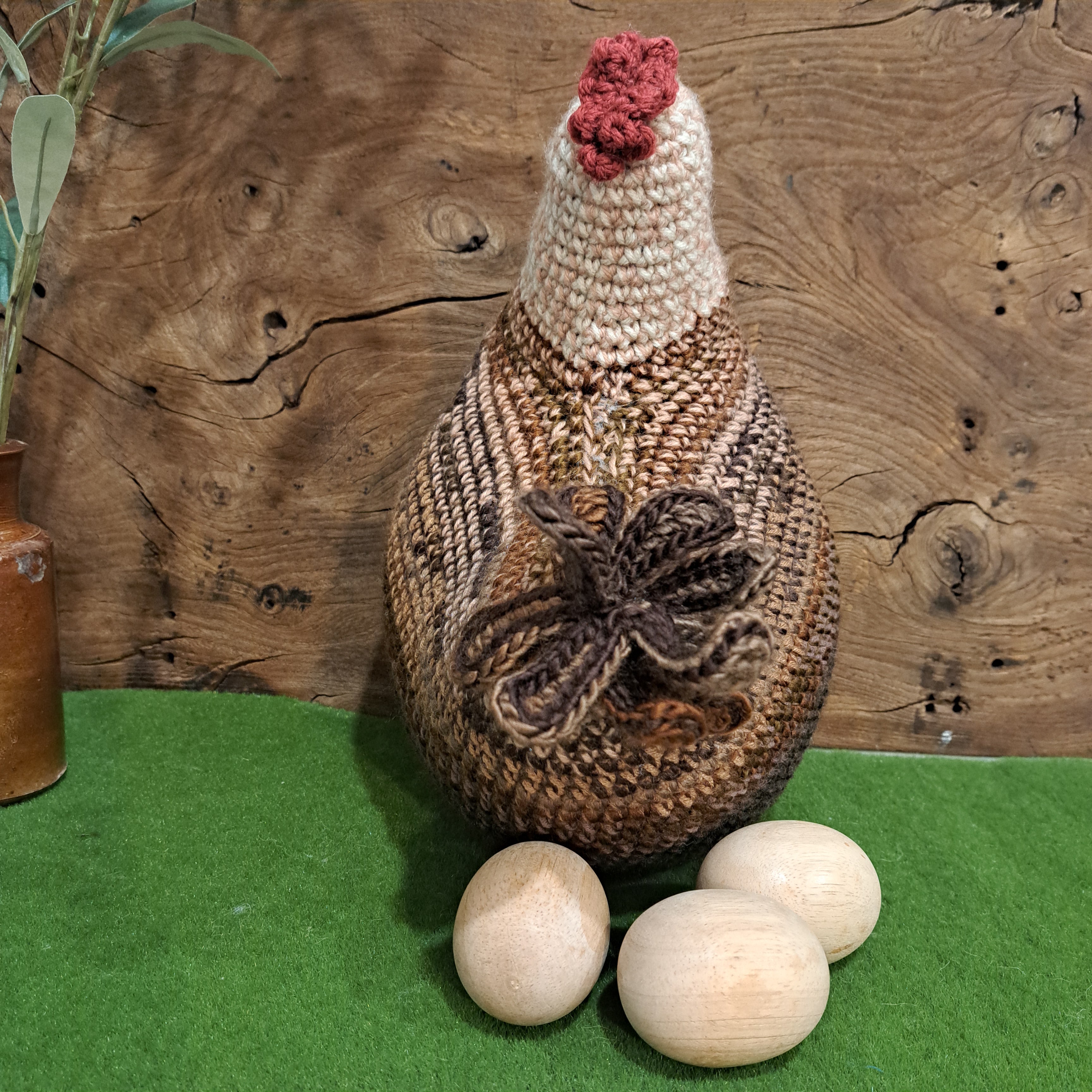 Crochet chicken pillow/cushion/toy/brown and white colours