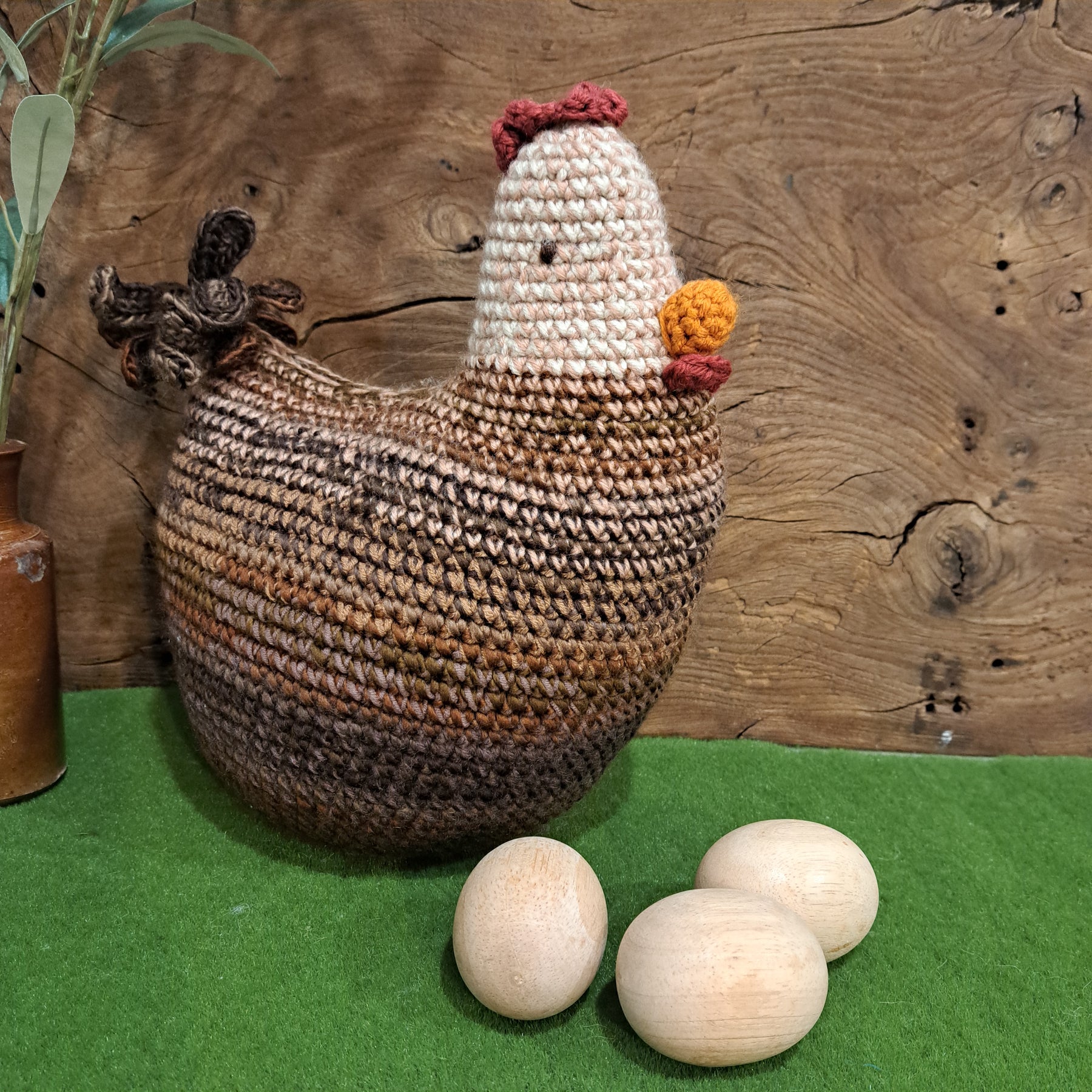 Crochet chicken pillow/cushion/toy/brown and white colours