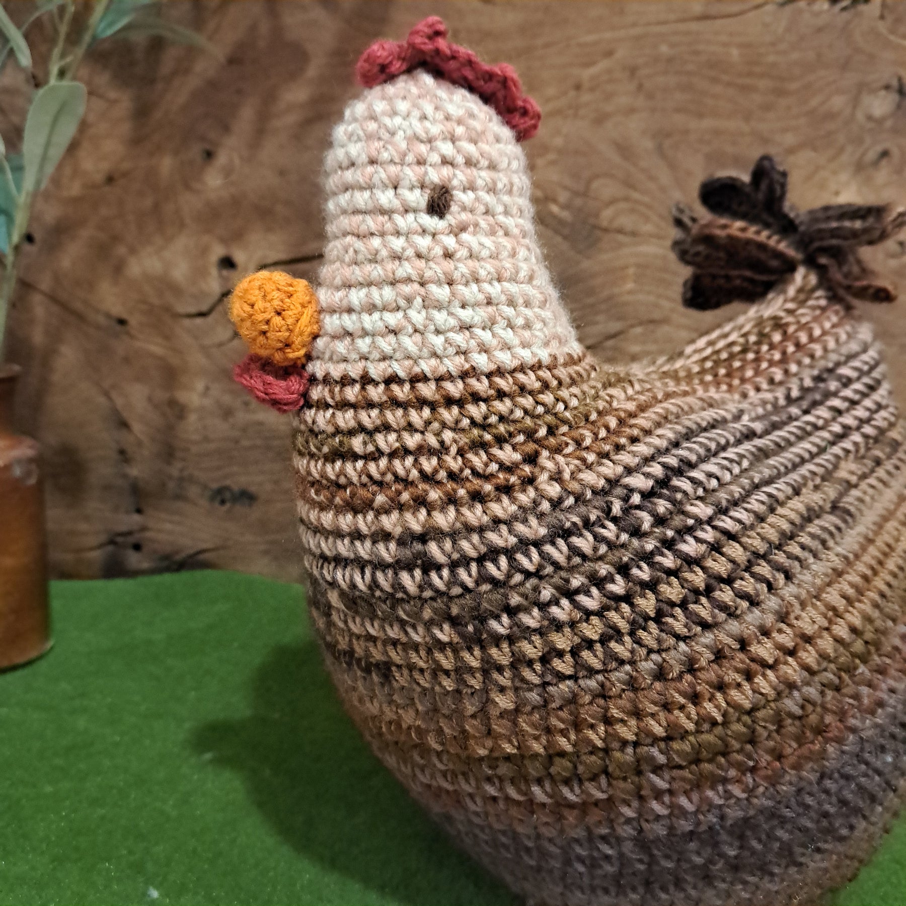 Crochet chicken pillow/cushion/toy/brown and white colours