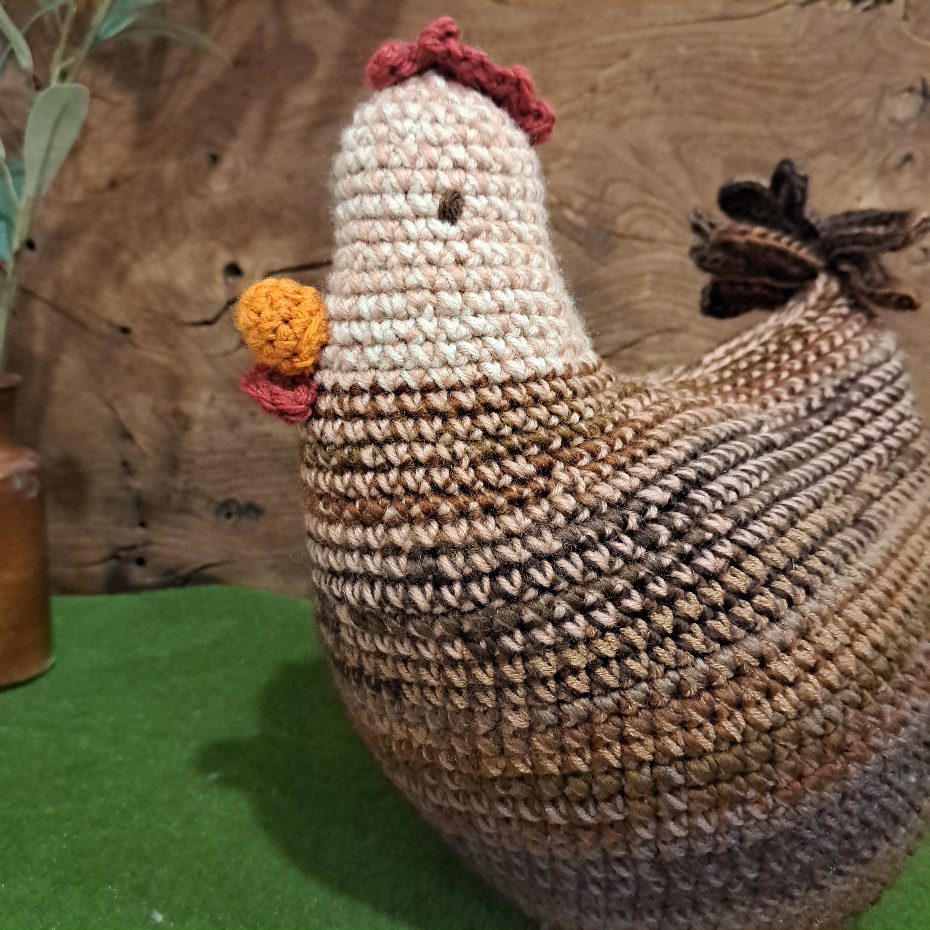 Crochet chicken pillow/cushion/toy/brown and white colours