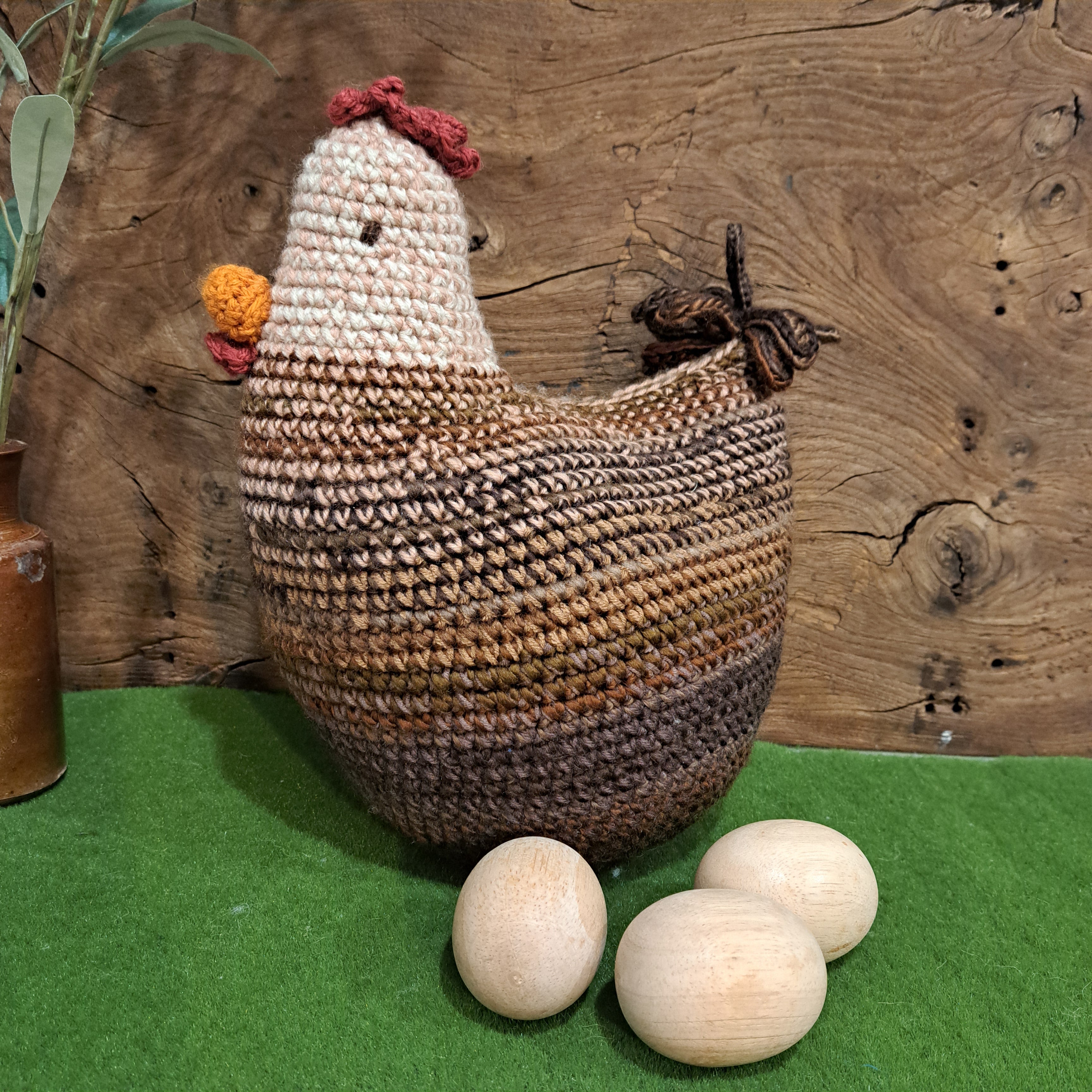 Crochet chicken pillow/cushion/toy/brown and white colours