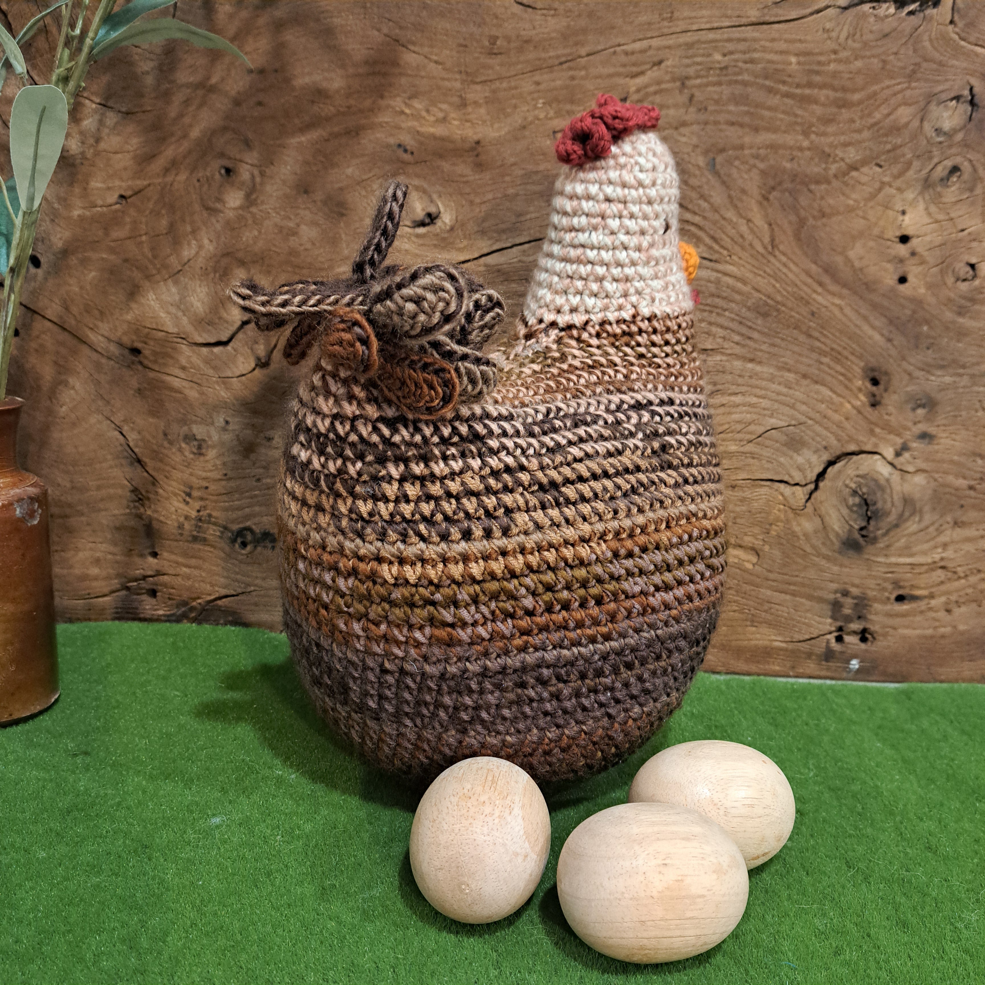 Crochet chicken pillow/cushion/toy/brown and white colours