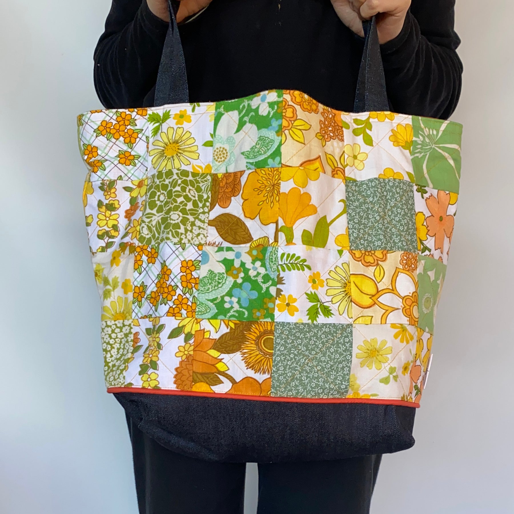 Sunny Denim Delight Handmade Tote Bag Upcycled Vintage Fabrics & Denim