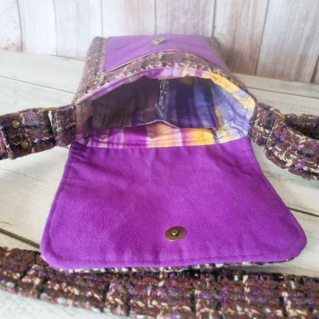 Upcycled crossbody messenger bag - brown & purple