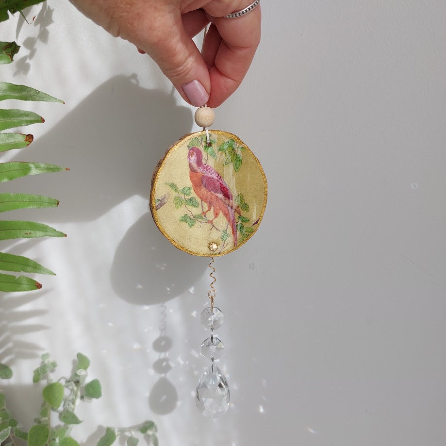 Crystal Suncatcher, Handmade Window Hanging, Natural Wood Art