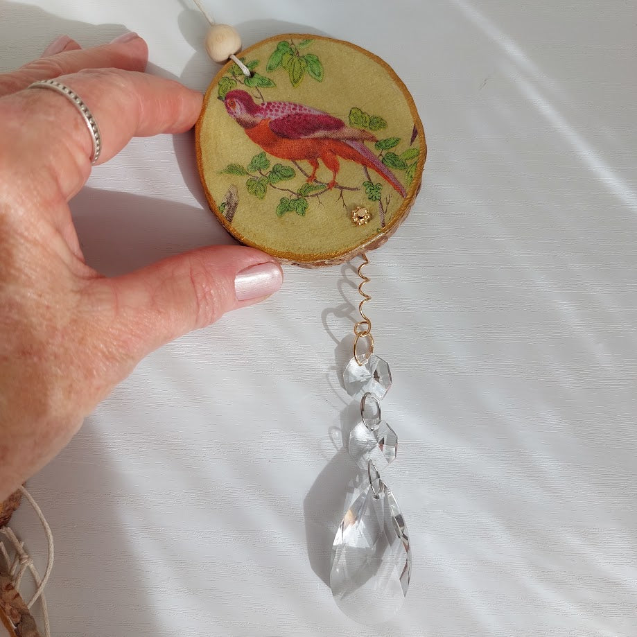 Crystal Suncatcher, Handmade Window Hanging, Natural Wood Art