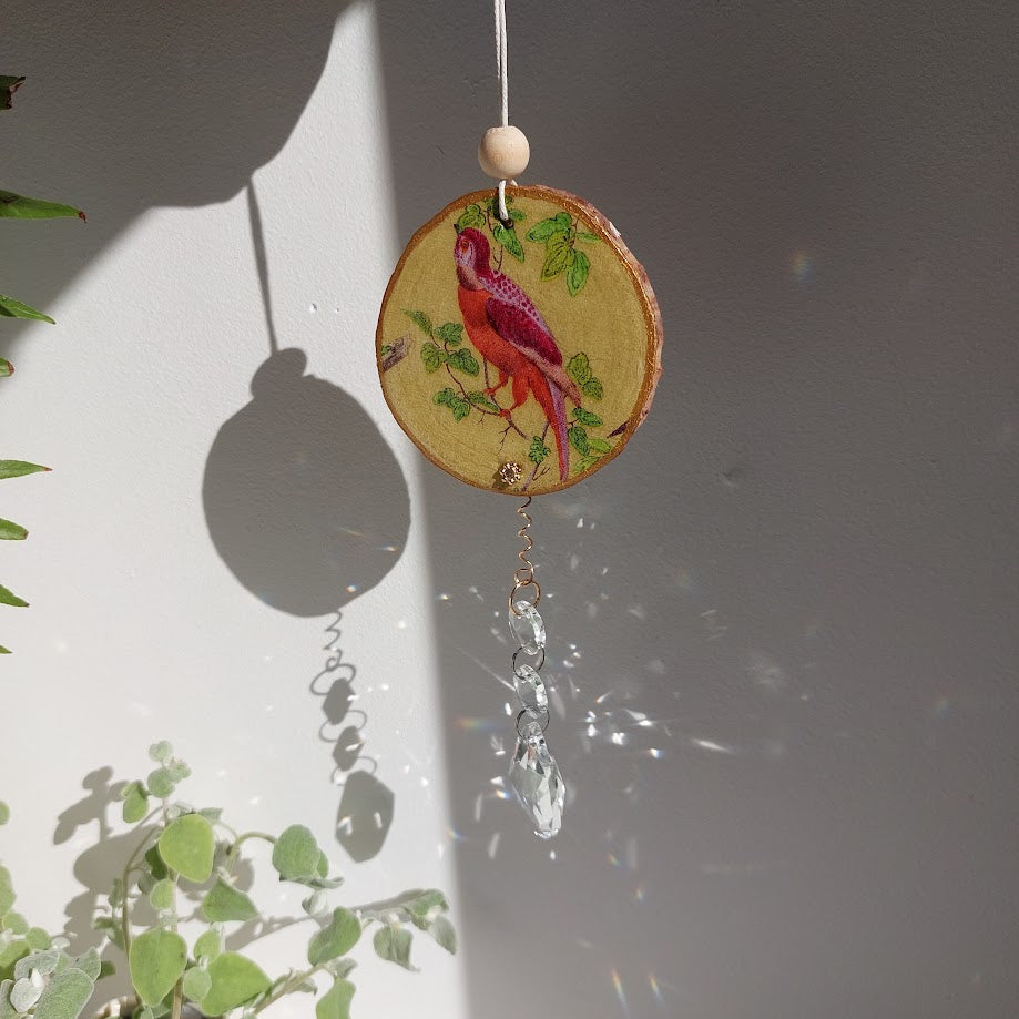 Crystal Suncatcher, Handmade Window Hanging, Natural Wood Art