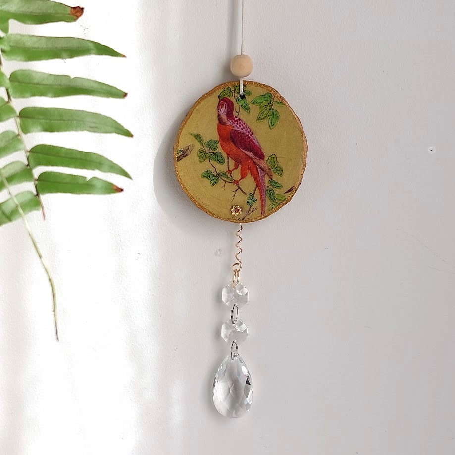 Crystal Suncatcher, Handmade Window Hanging, Natural Wood Art