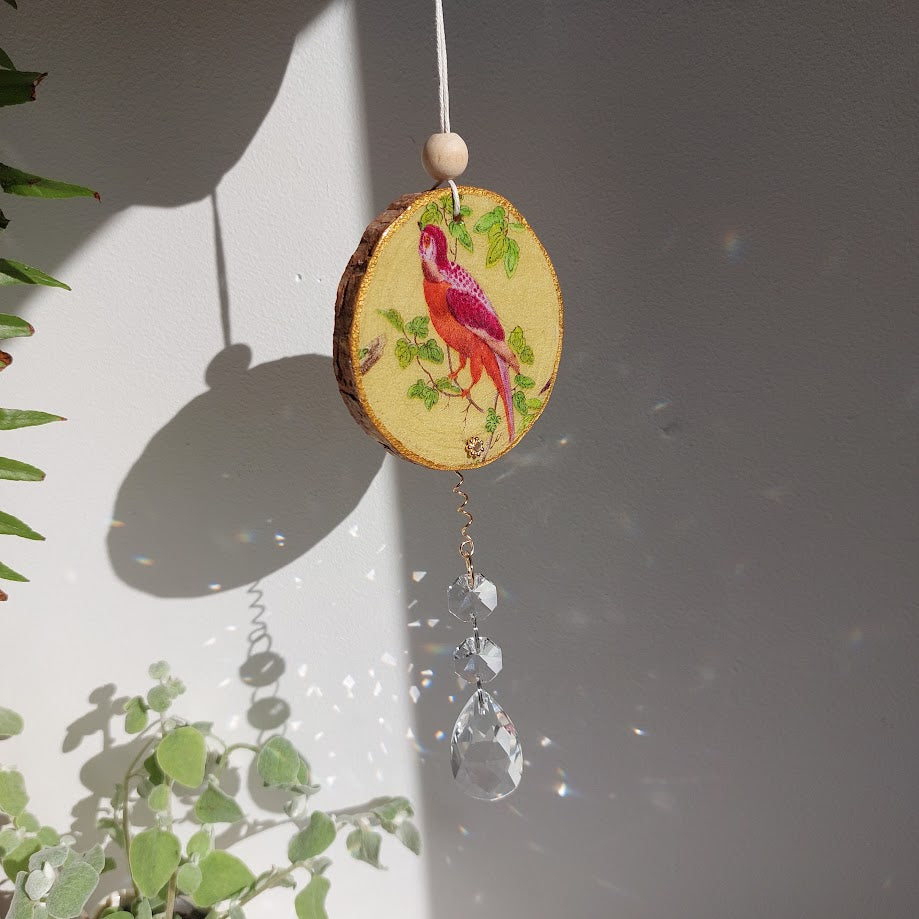 Crystal Suncatcher, Handmade Window Hanging, Natural Wood Art
