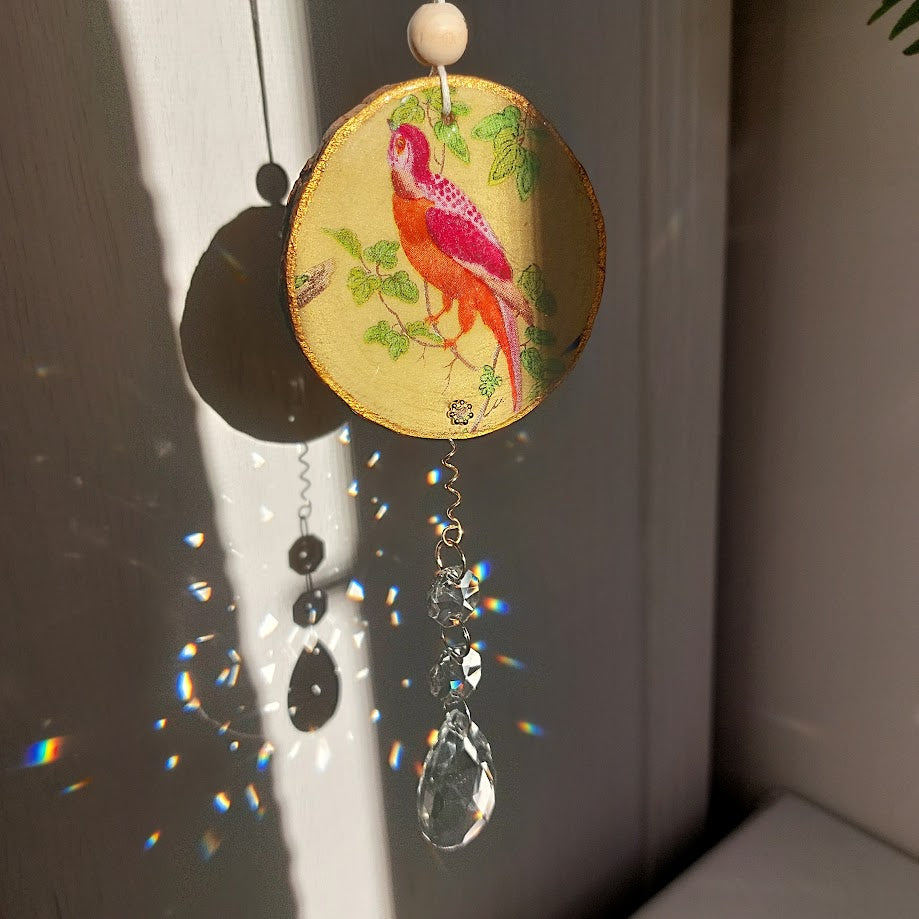 Crystal Suncatcher, Handmade Window Hanging, Natural Wood Art
