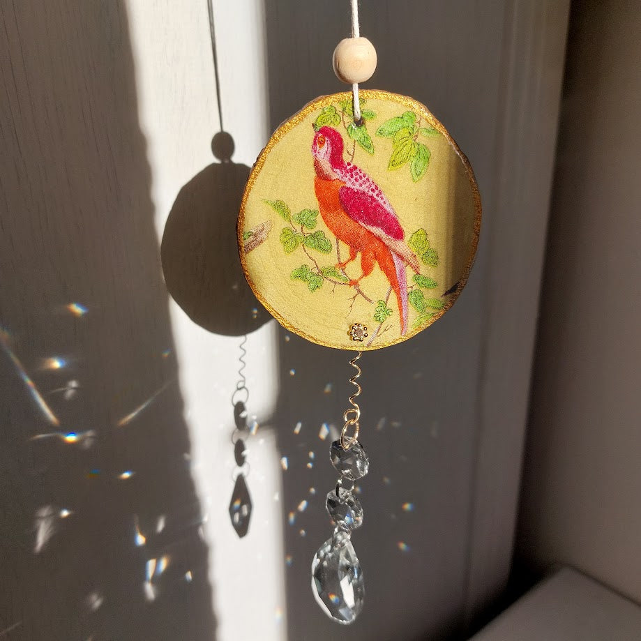 Crystal Suncatcher, Handmade Window Hanging, Natural Wood Art