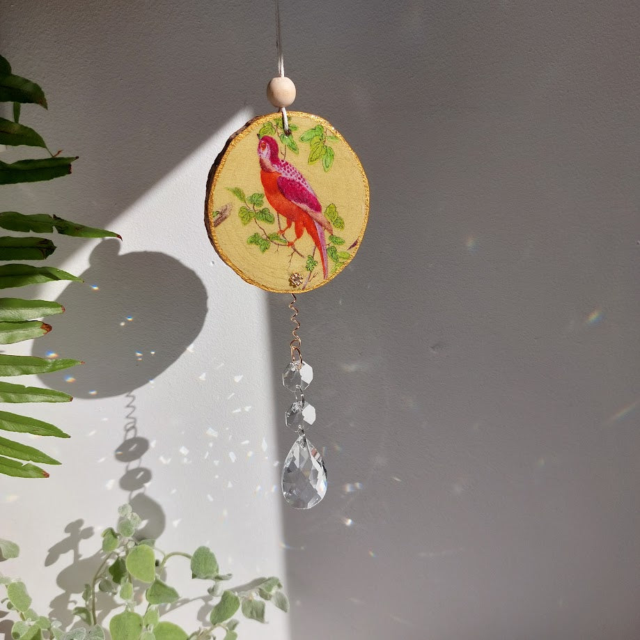 Crystal Suncatcher, Handmade Window Hanging, Natural Wood Art
