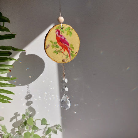 Crystal Suncatcher, Handmade Window Hanging, Natural Wood Art