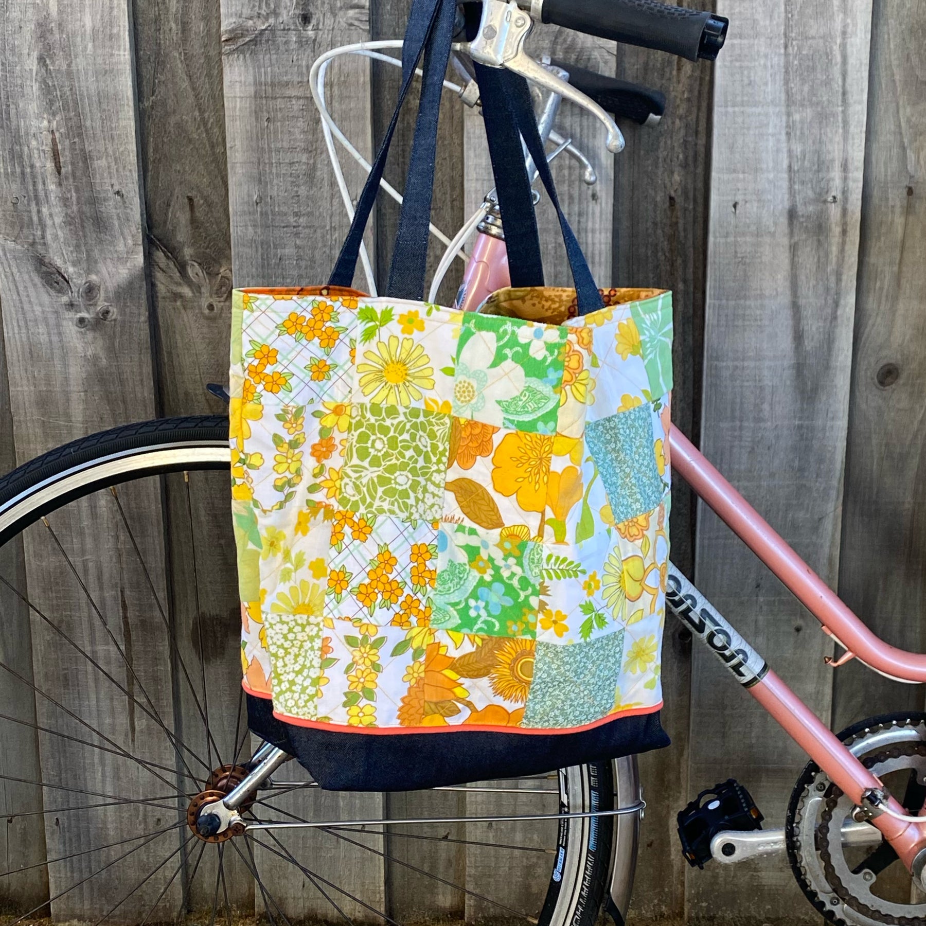 Sunny Denim Delight Handmade Tote Bag Upcycled Vintage Fabrics & Denim