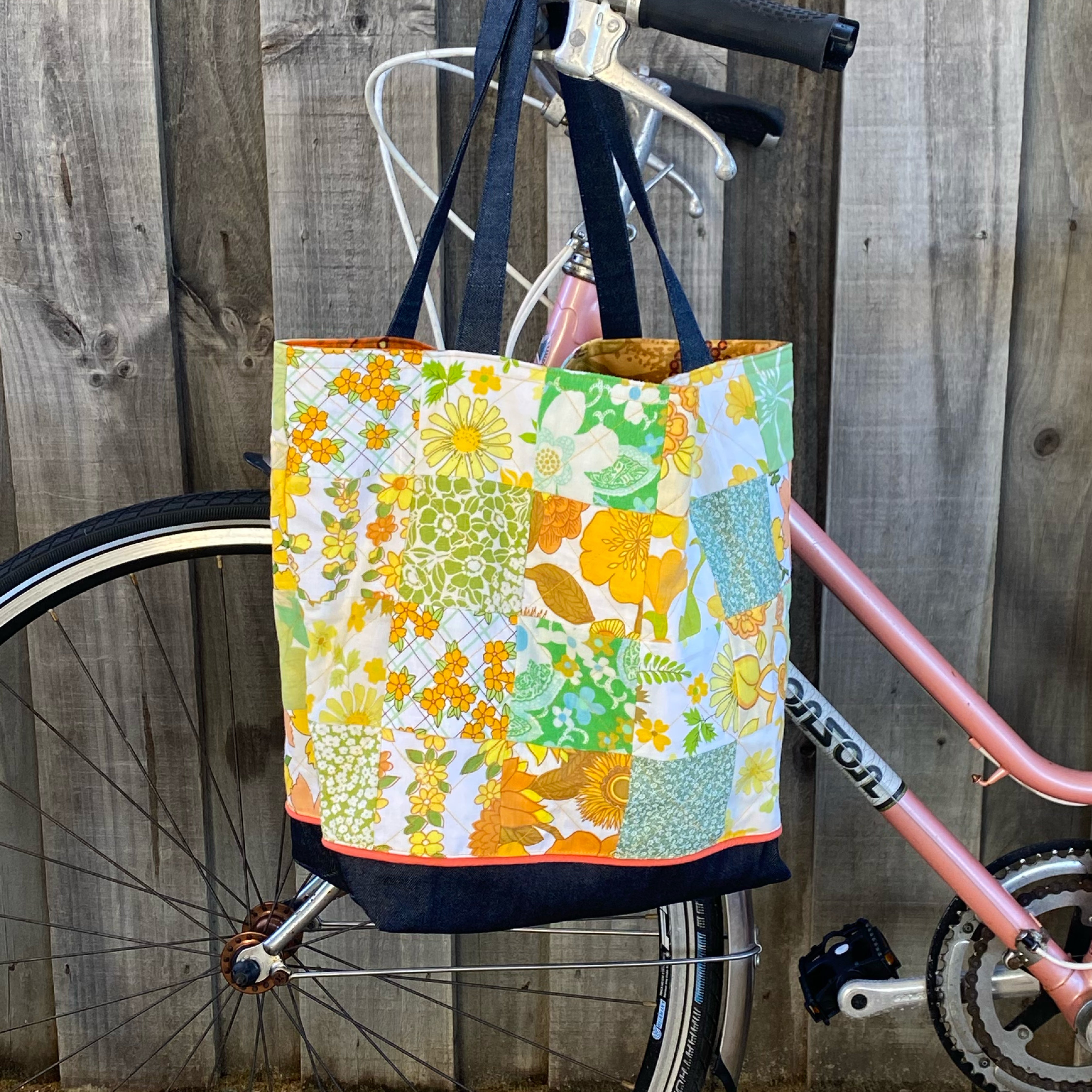 Sunny Denim Delight Handmade Tote Bag Upcycled Vintage Fabrics & Denim