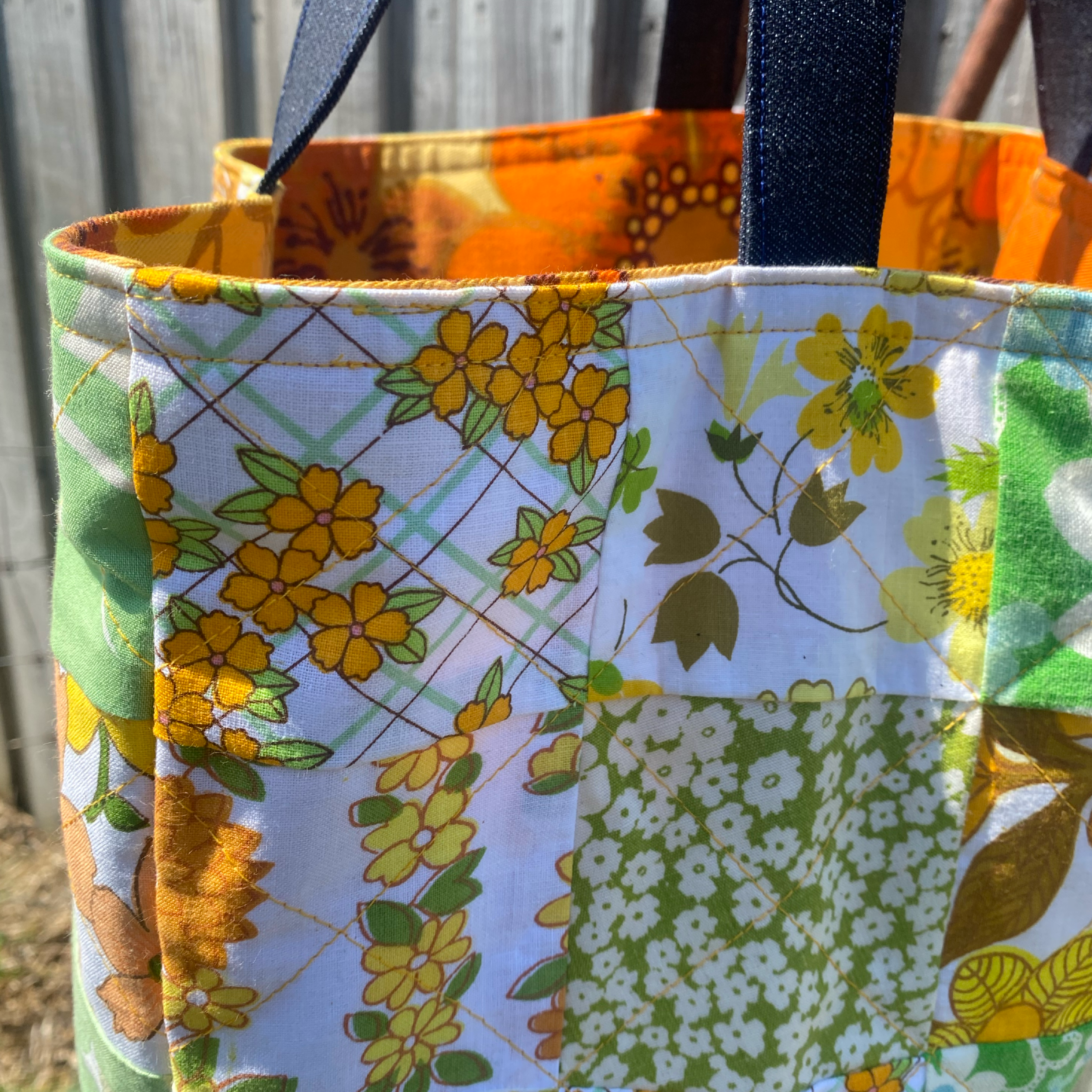 Sunny Denim Delight Handmade Tote Bag Upcycled Vintage Fabrics & Denim