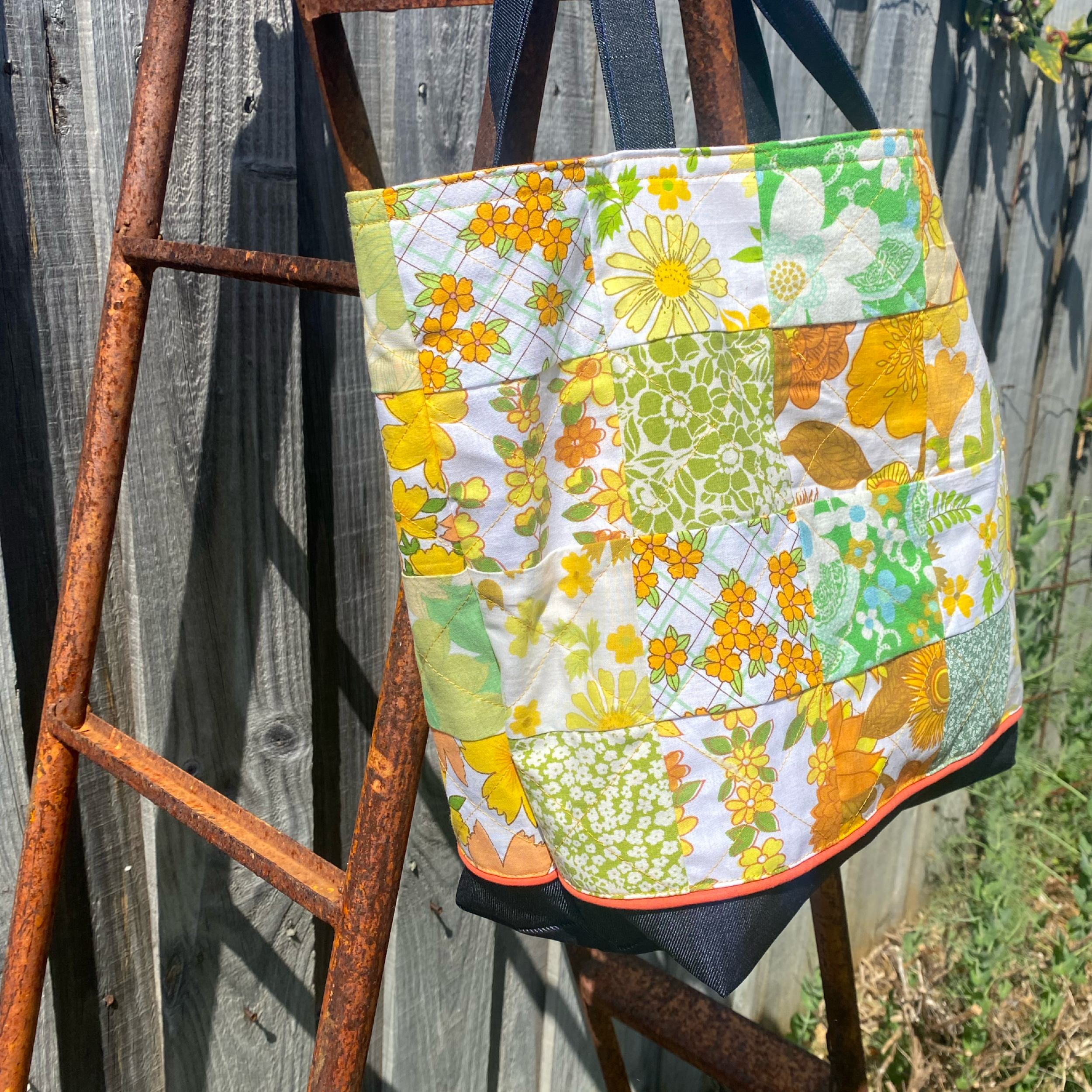 Sunny Denim Delight Handmade Tote Bag Upcycled Vintage Fabrics & Denim