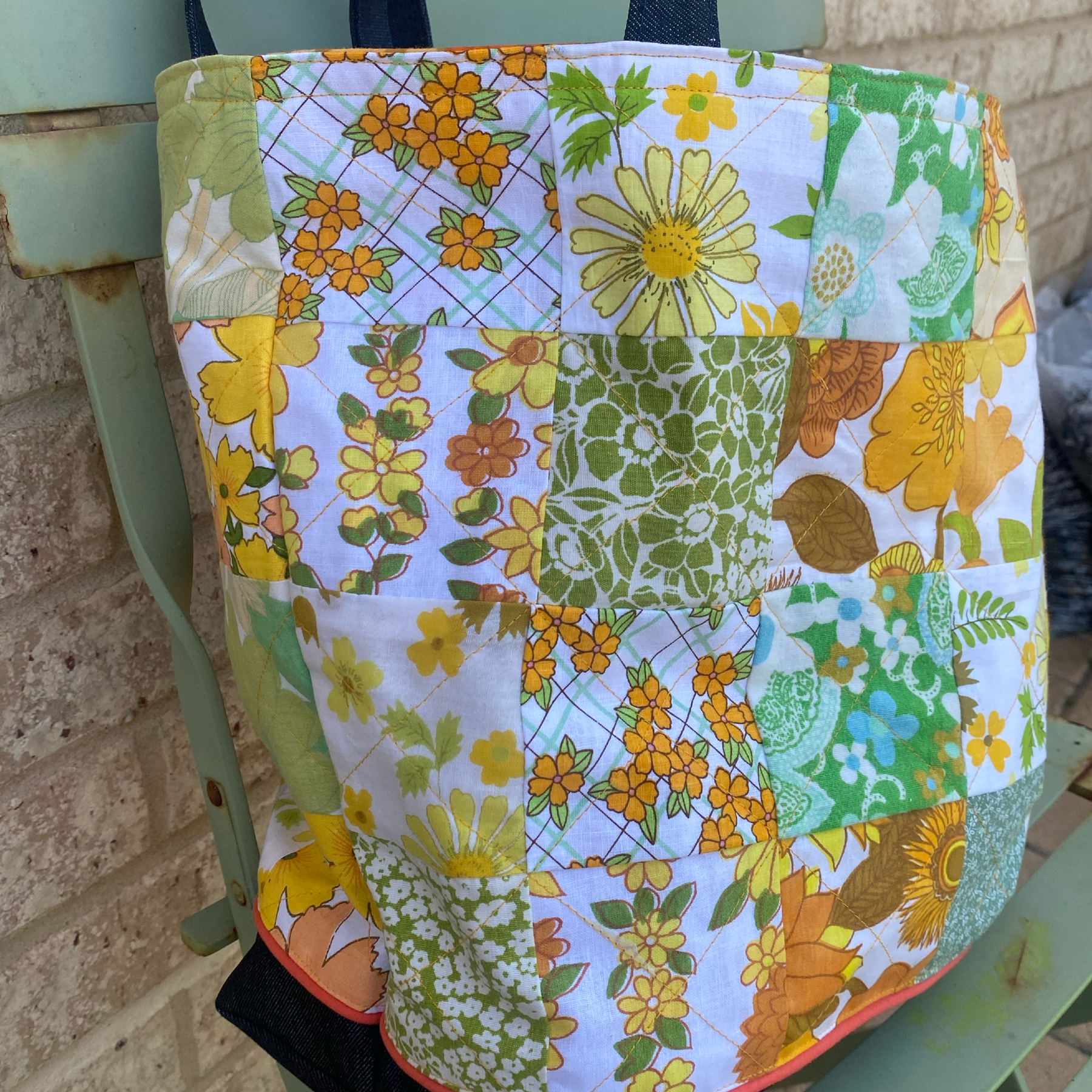 Sunny Denim Delight Handmade Tote Bag Upcycled Vintage Fabrics & Denim