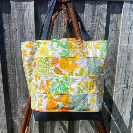 Sunny Denim Delight Handmade Tote Bag Upcycled Vintage Fabrics & Denim
