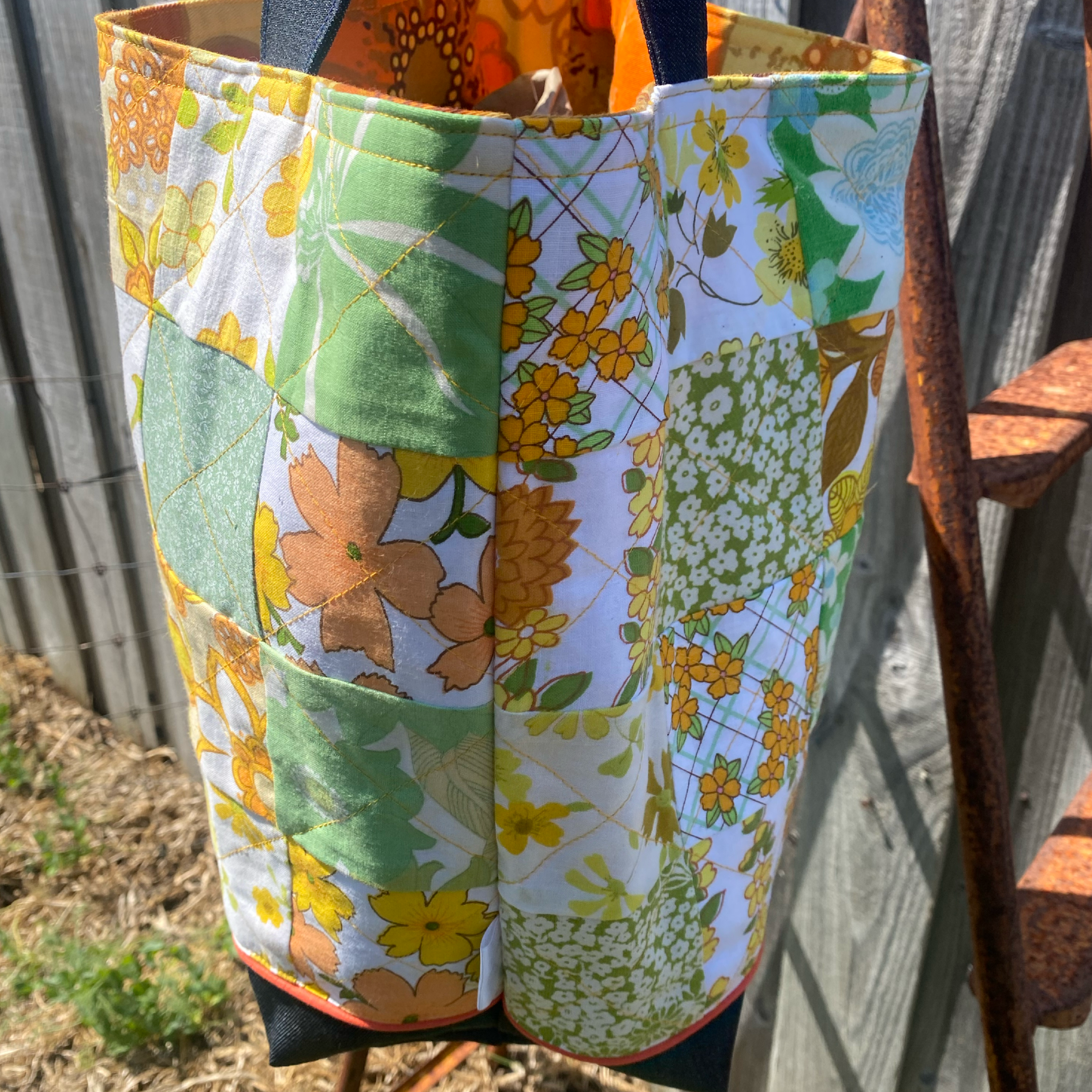 Sunny Denim Delight Handmade Tote Bag Upcycled Vintage Fabrics & Denim