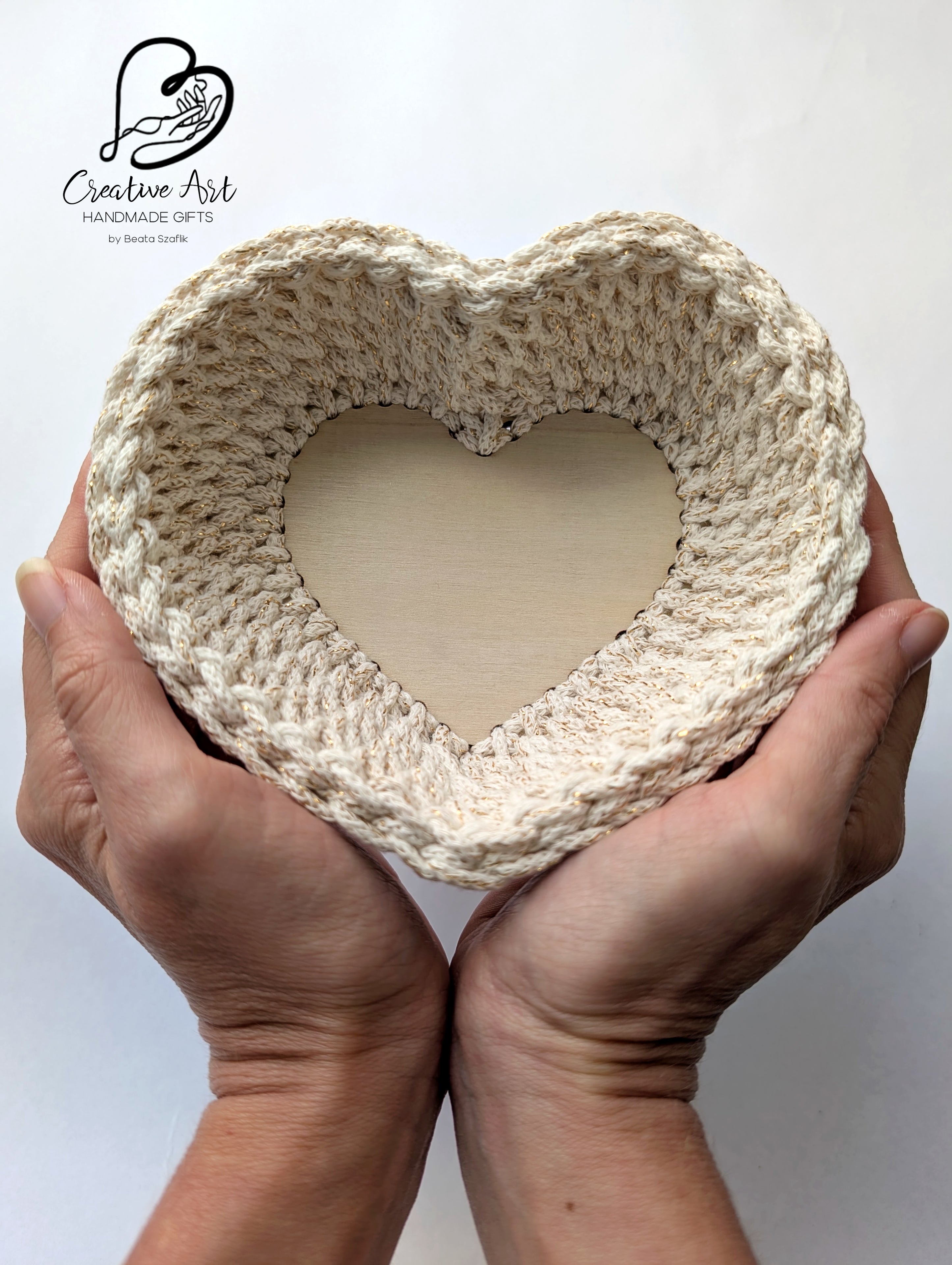 Crochet Heart Trinket Basket with Wood Base