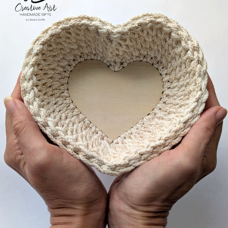 Crochet Heart Trinket Basket with Wood Base