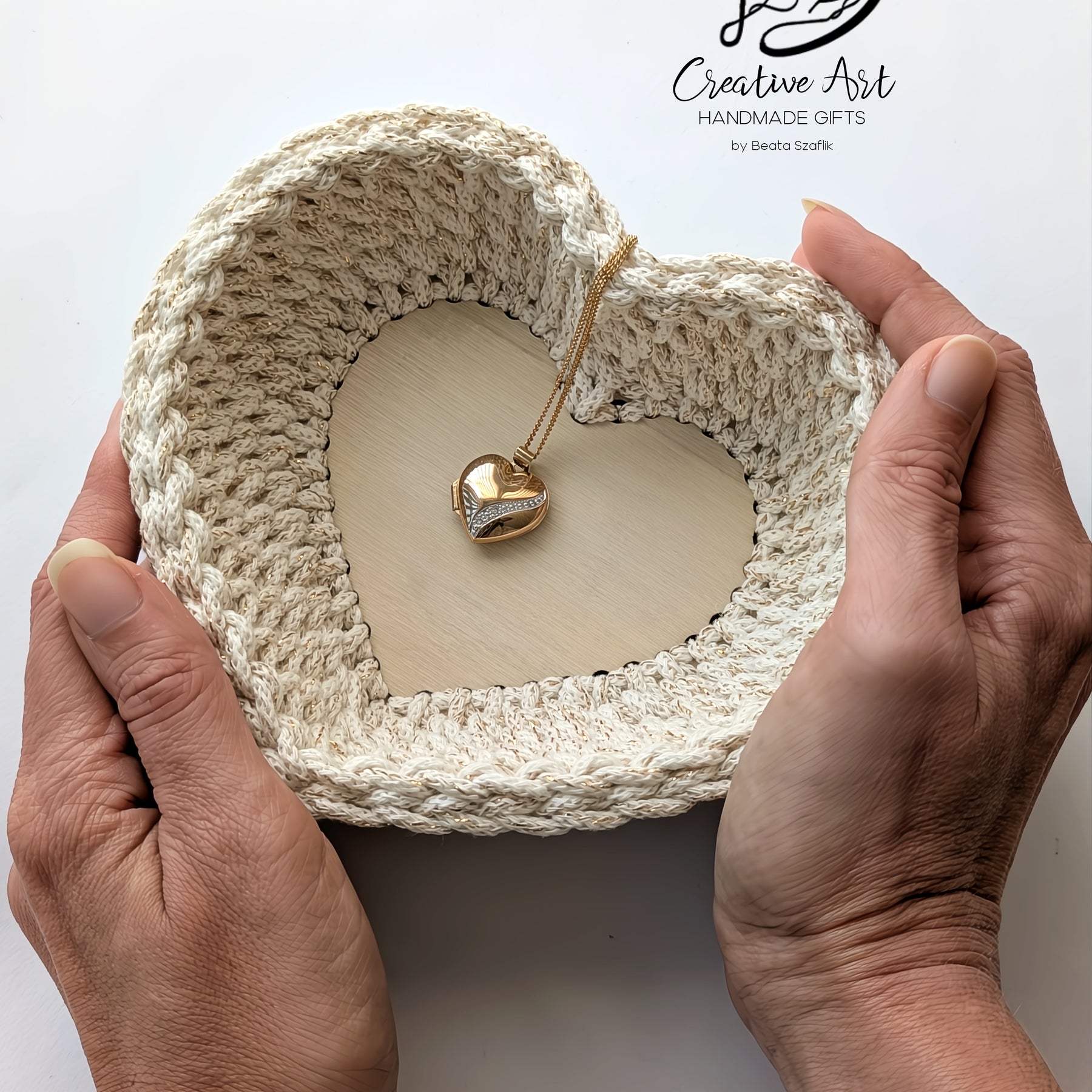 Crochet Heart Trinket Basket with Wood Base