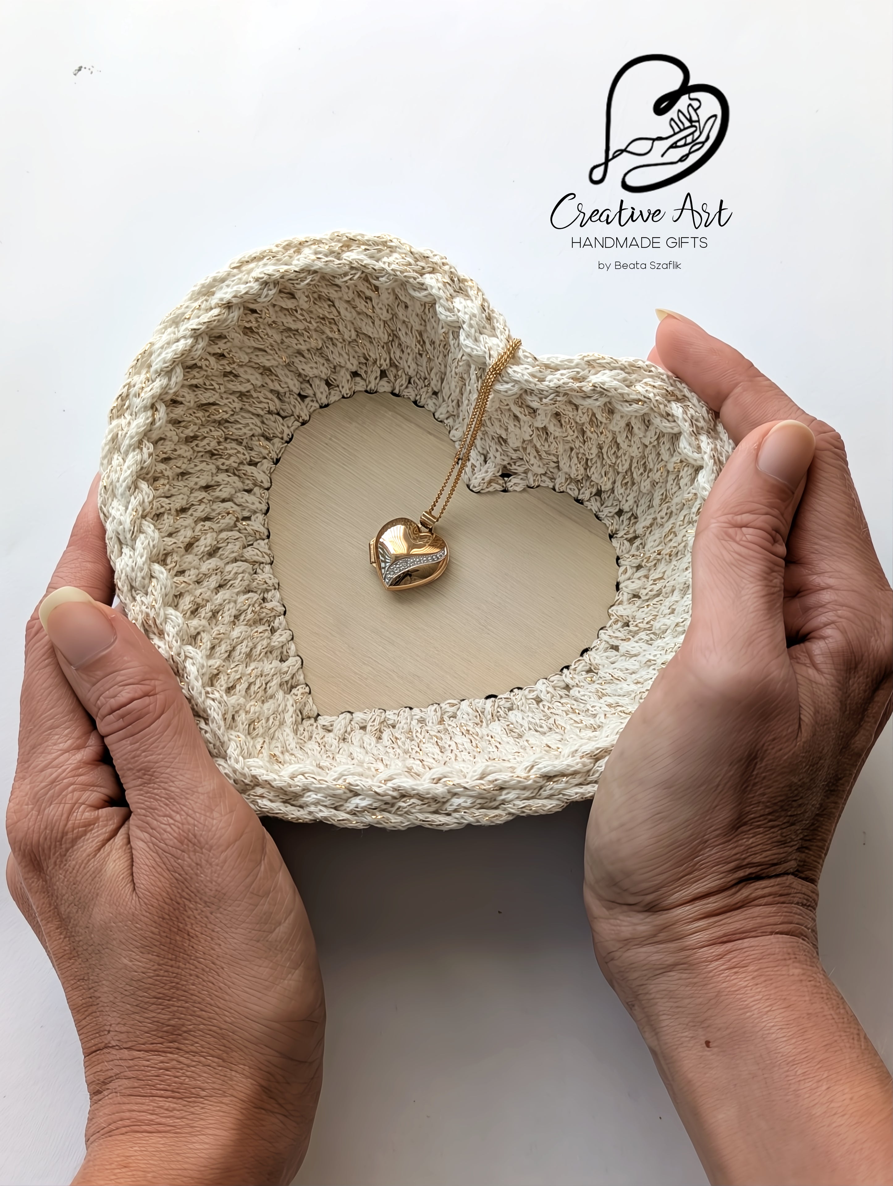 Crochet Heart Trinket Basket with Wood Base