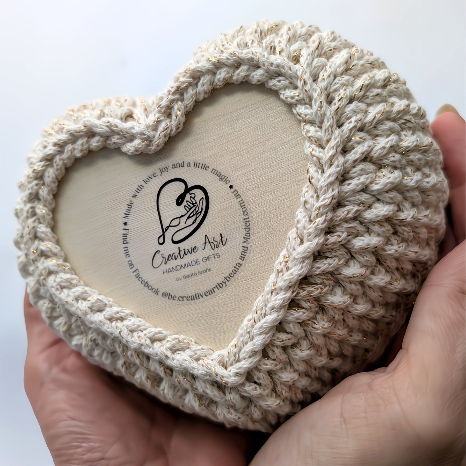 Crochet Heart Trinket Basket with Wood Base