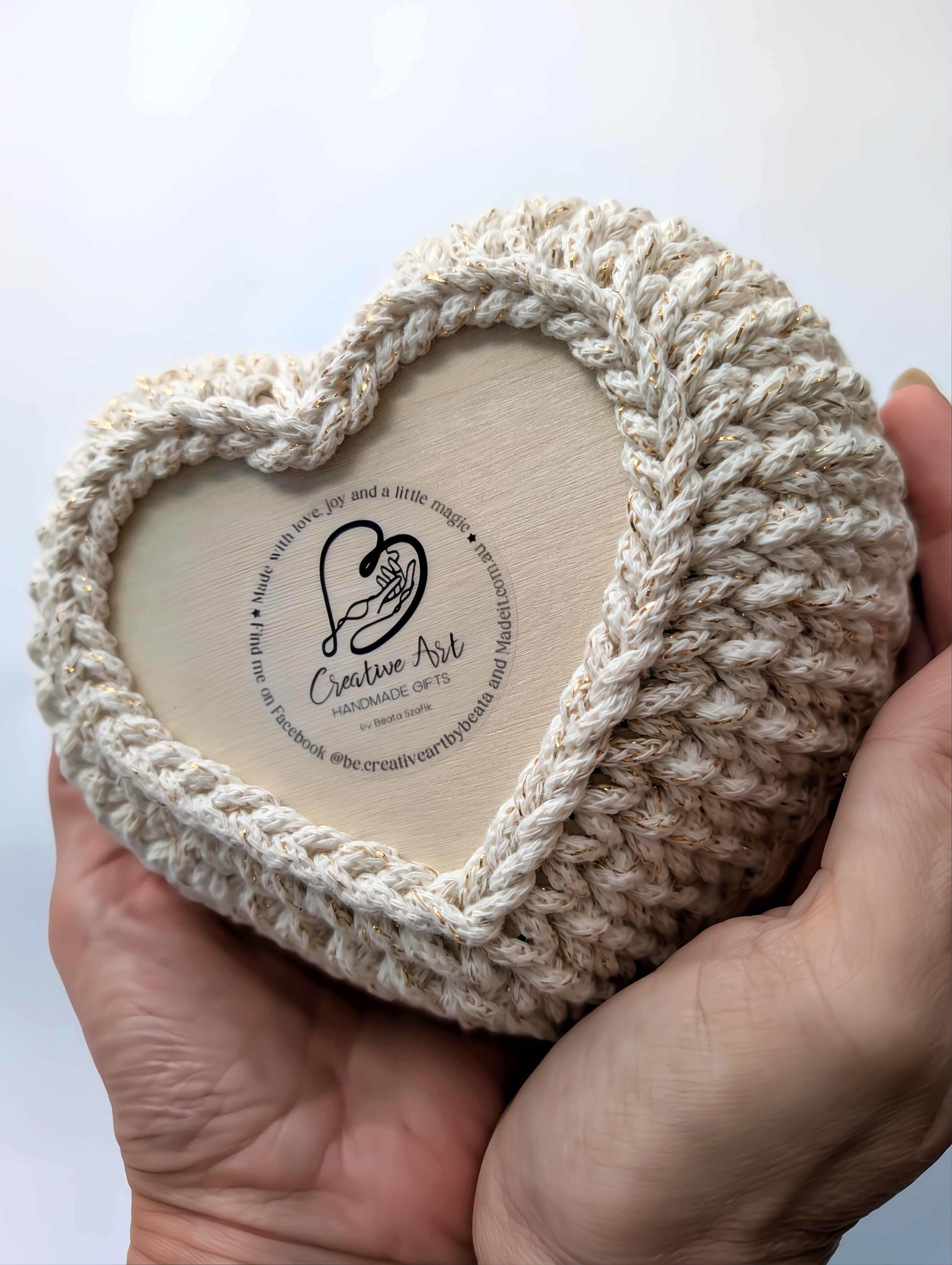 Crochet Heart Trinket Basket with Wood Base